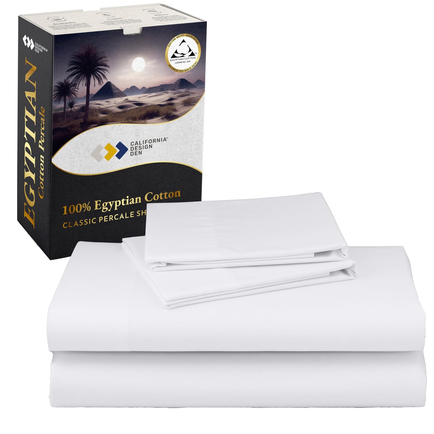 California Design Den Certified 100% Egyptian Cotton Sheets Queen Size Bed Set - Lightweight & Crisp Percale Queen Sheet Set Deep Pocket, Cool & Durable Luxury Bedding - White