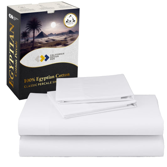 California Design Den Certified 100% Egyptian Cotton Sheets Queen Size Bed Set - Lightweight & Crisp Percale Queen Sheet Set Deep Pocket, Cool & Durable Luxury Bedding - White