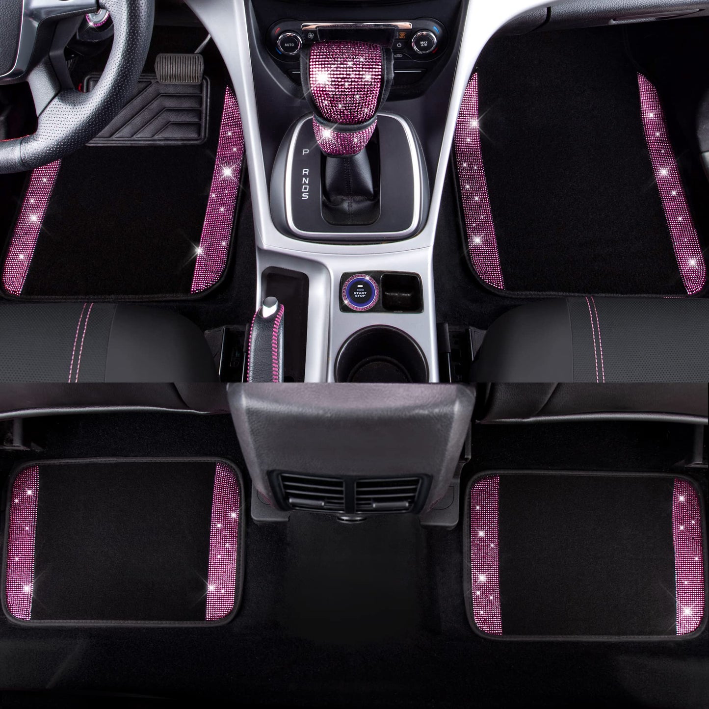CAR PASS Bling Rhinestone Car Seat Covers Leather Shining Diamond Car Floor Mats Carpet with Anti-Slip Nibs Bling Diamonds Car Accessories Sets Pink Glitter Crystal Diamond Combo Set