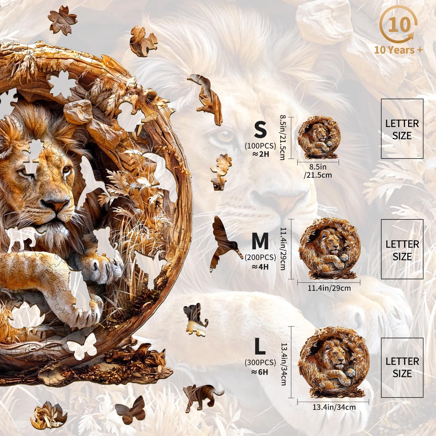 KAAYEE Wooden Puzzles for Adults, 3D Vision Effect Lion King Wooden Jigsaw Puzzles 300 PCS Unique Shape Advanced Wood Puzzle Adult, 3D Effect Flat Puzzle Birthday Gifts Family Game (L-13.4 * 13.4in)
