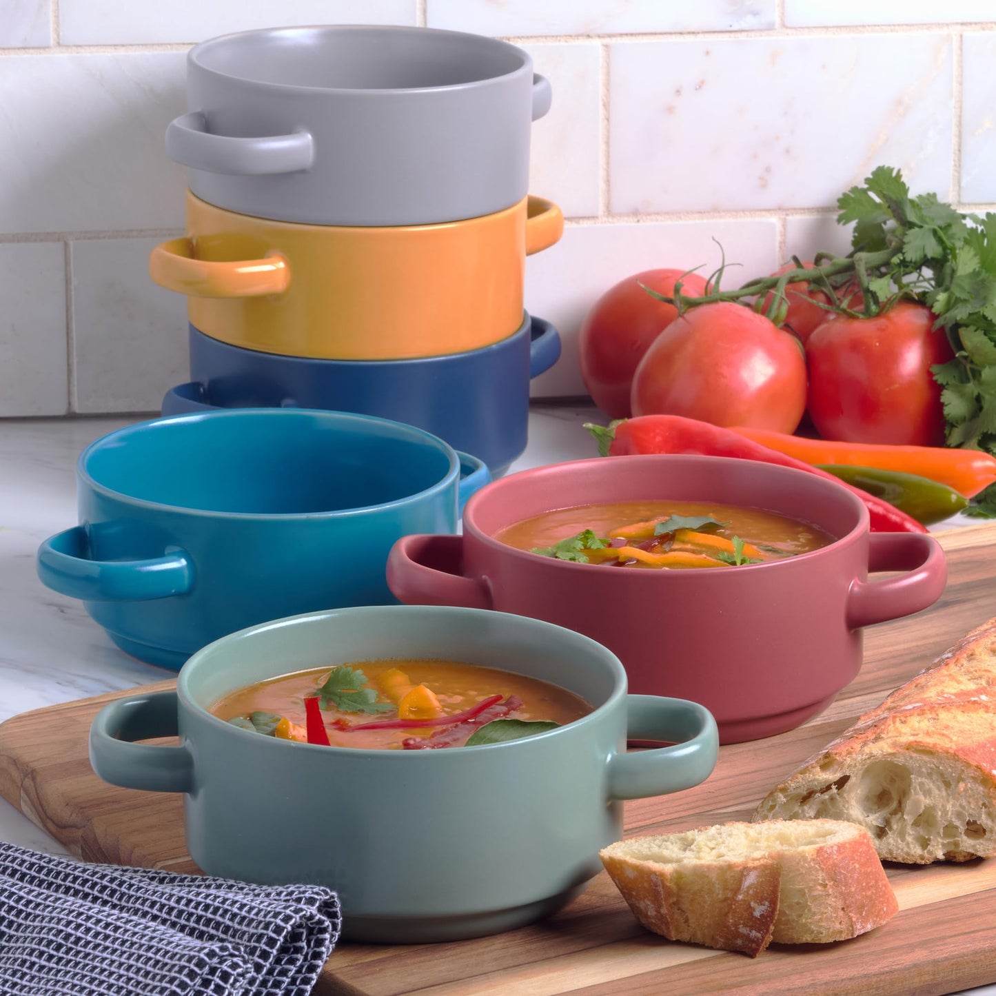 Stoneware 22oz Matte Glaze Soup Crocks Set of 6: Perfect for hearty soups and casseroles. Durable, oven-safe, microwave and dishwasher-friendly with dual handles.