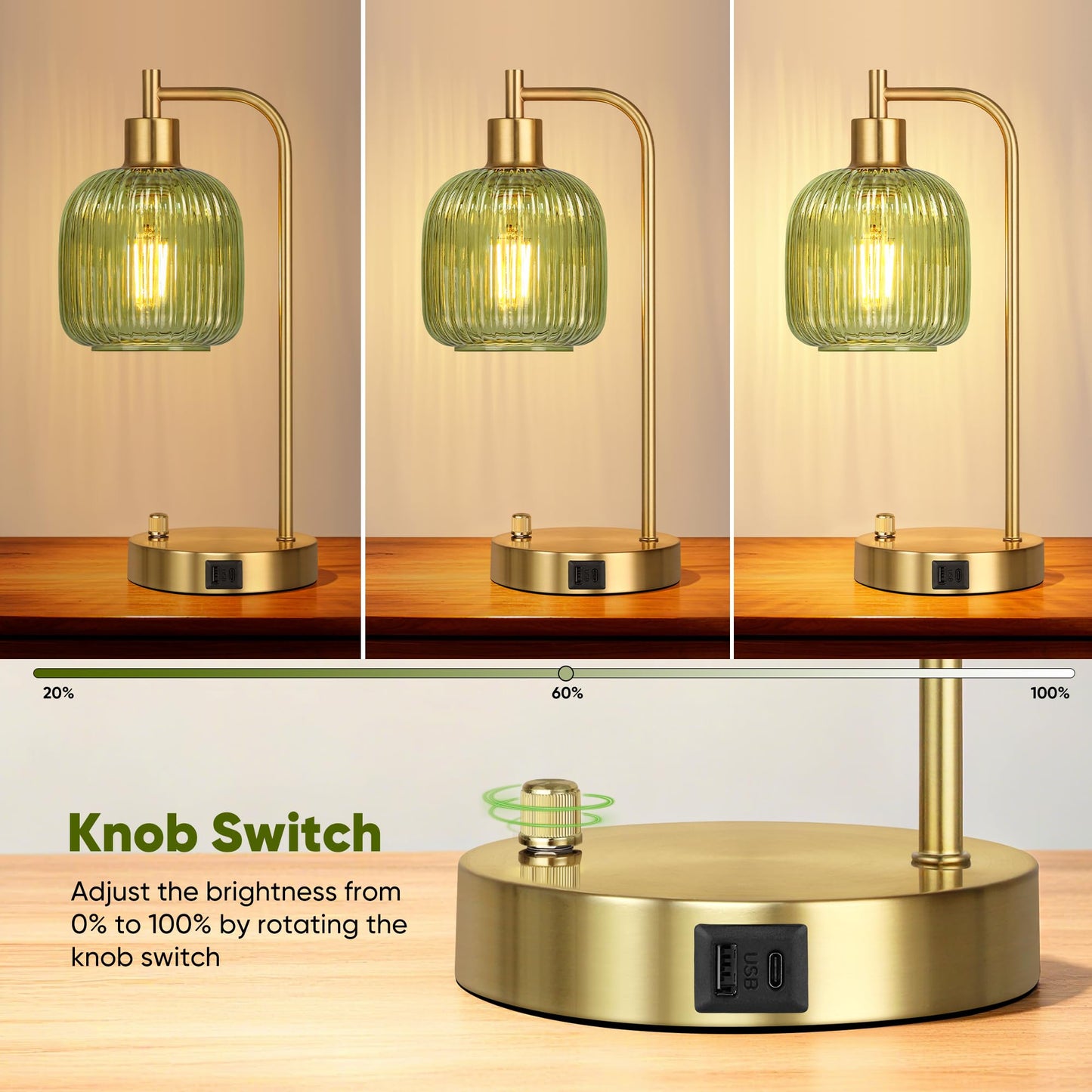 QiMH Industrial Table Lamp for Bedroom Set of 2, Green Glass Beside Lamp with USB A&C Ports, Stepless Dimmable Gold Lamps, Nightstand Lamps for Living Room, Office, Home Decor(Bulb Included)