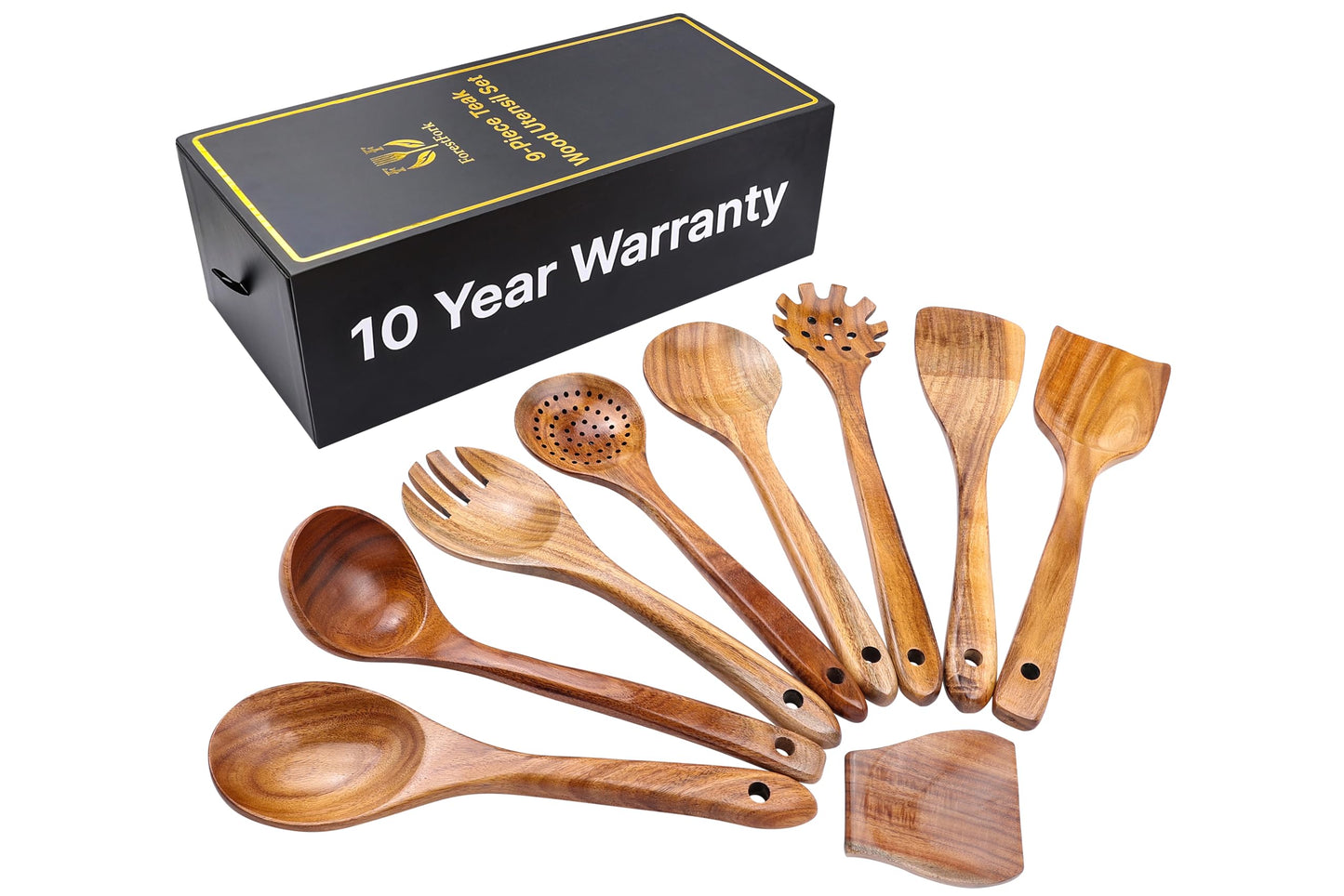 Wooden Kitchen Utensil Set, 9-Piece Teak Wood Cooking Spoons-Heat-Resistant, Non-Scratch, Durable Kitchen Tools, Perfect Cooking Gift