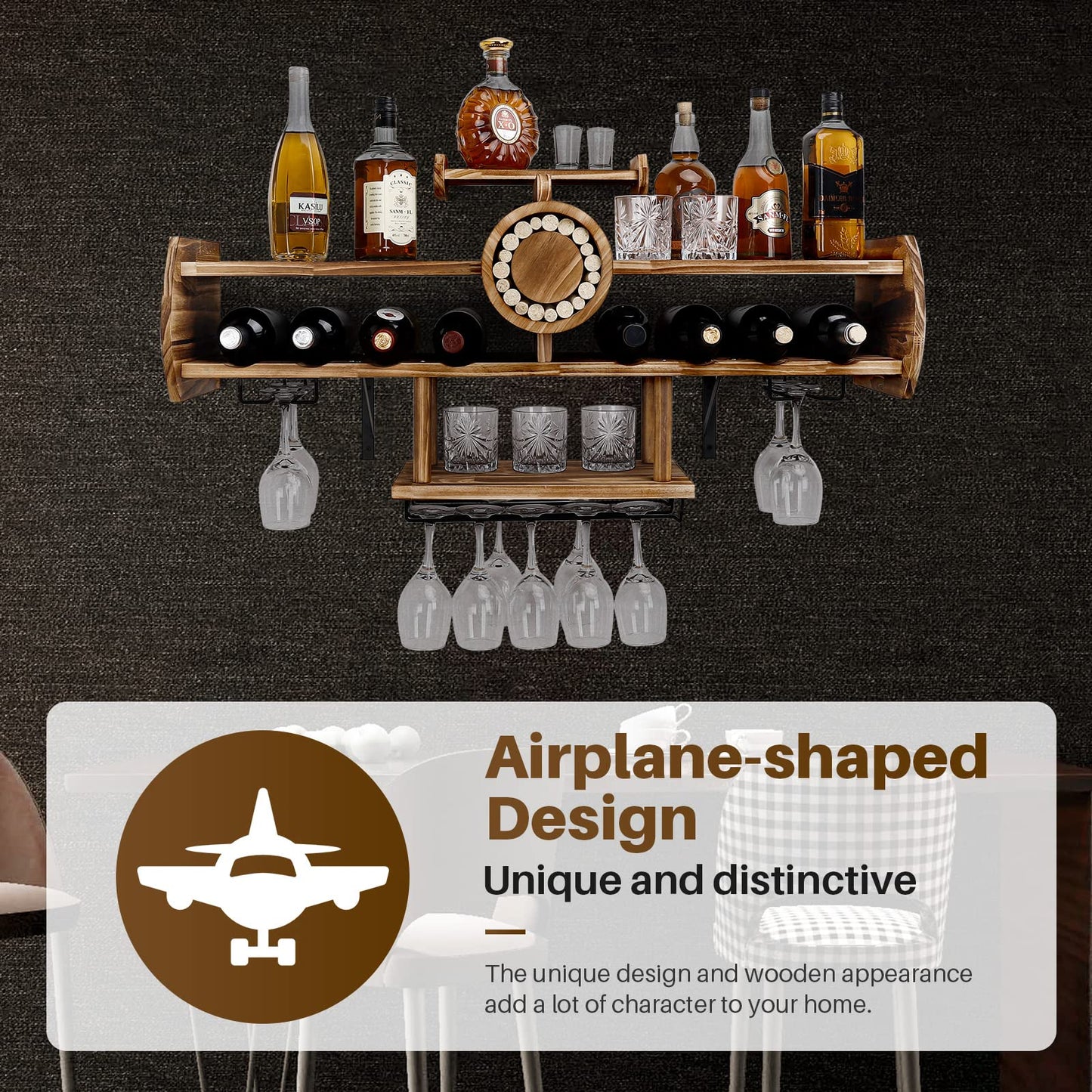 Homde Wine Rack Wall Mounted Wood,Alcohol Shelf with Bottle Stemware Glass Holder Rustic, Airplane Shape Multi Functional Liquor Display Storage for Home Bar (Light Brown)