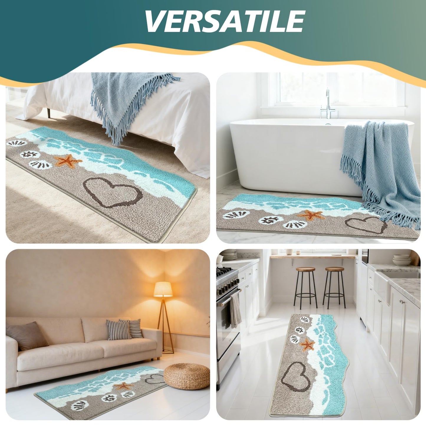 Beach Bathroom Rugs Soft Absorbent Ocean Wave Bath Mat with Non-Slip Backing Coastal Decor for Bathroom Kitchen Entryway, Blue Sea Design with Starfish Shells Pattern Bath Decor(C, 28"x59")