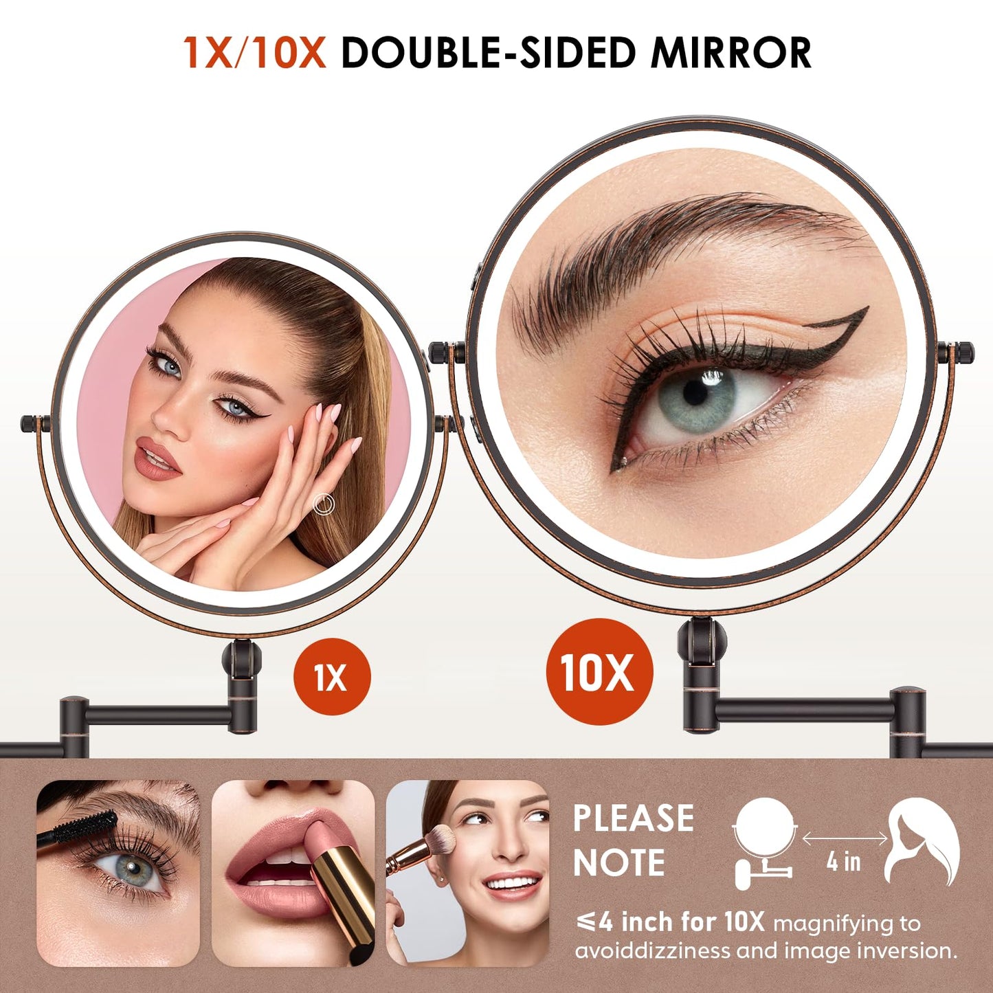 IMIKONA 9" Wall Mounted Lighted Makeup Mirror,4000mAh Rechargeable Double Sided 1X/10X Magnifying Mirror with Light,3 Color Lights,Touch Dimmable,Extended Arm 360 Rotation Wall Mounted Makeup Mirror