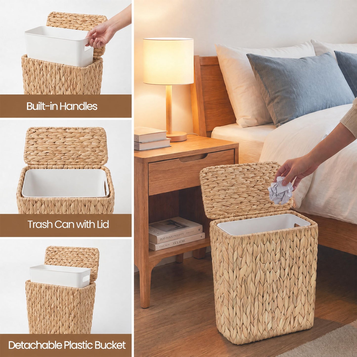 Felthrith Wicker Trash Can,3 Gallon Bathroom Trash Can with Lid,Handwoven Water Hyacinth Rattan Waste Basket with Removable Liner and Built-in Handles for Bedroom,Toilet,Narrow Spaces