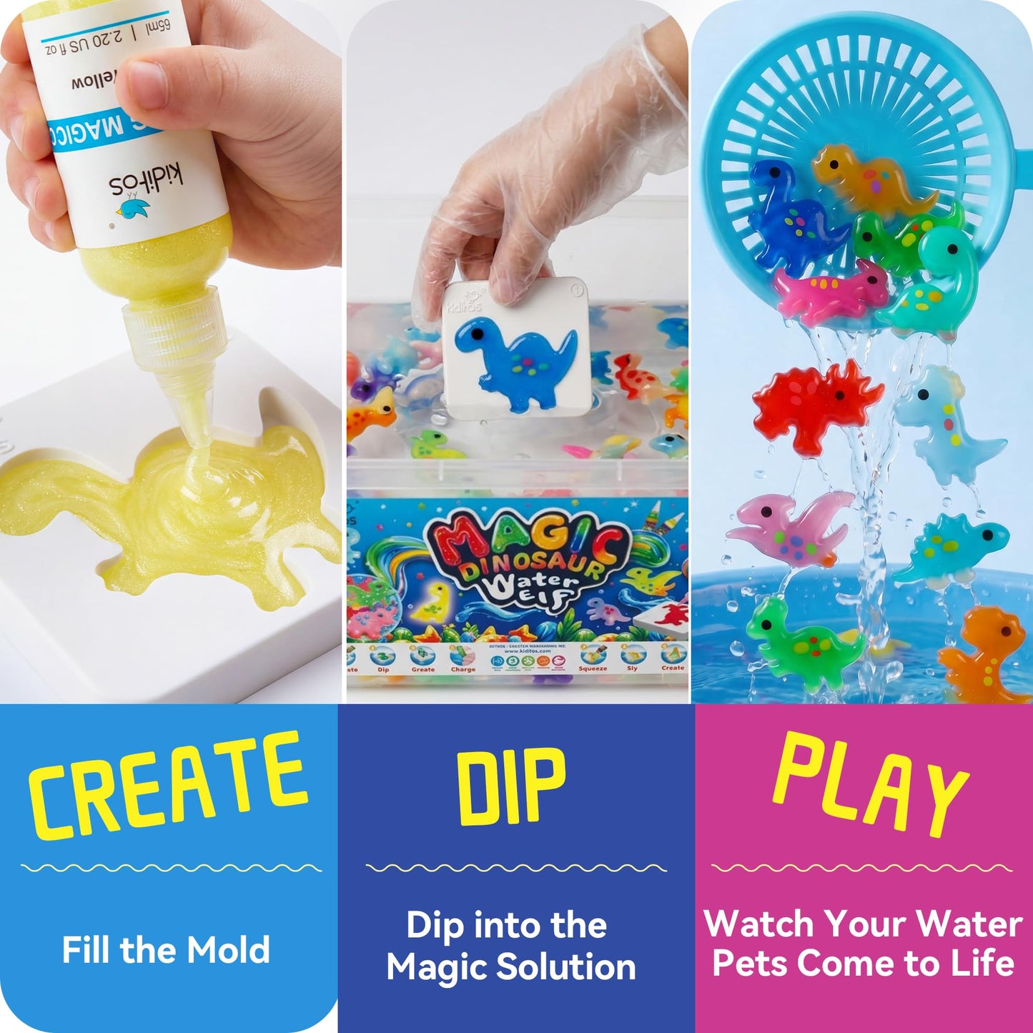 Kiditos Dinosaur Magic Water Elf Toy Kit–Squishies for Kids, 20 Gels & 10 Molds, Magic Gel Water Pets Sensory Toy, Fun DIY Craft Kit, Party Favors, Birthday for Kids Ages 3+