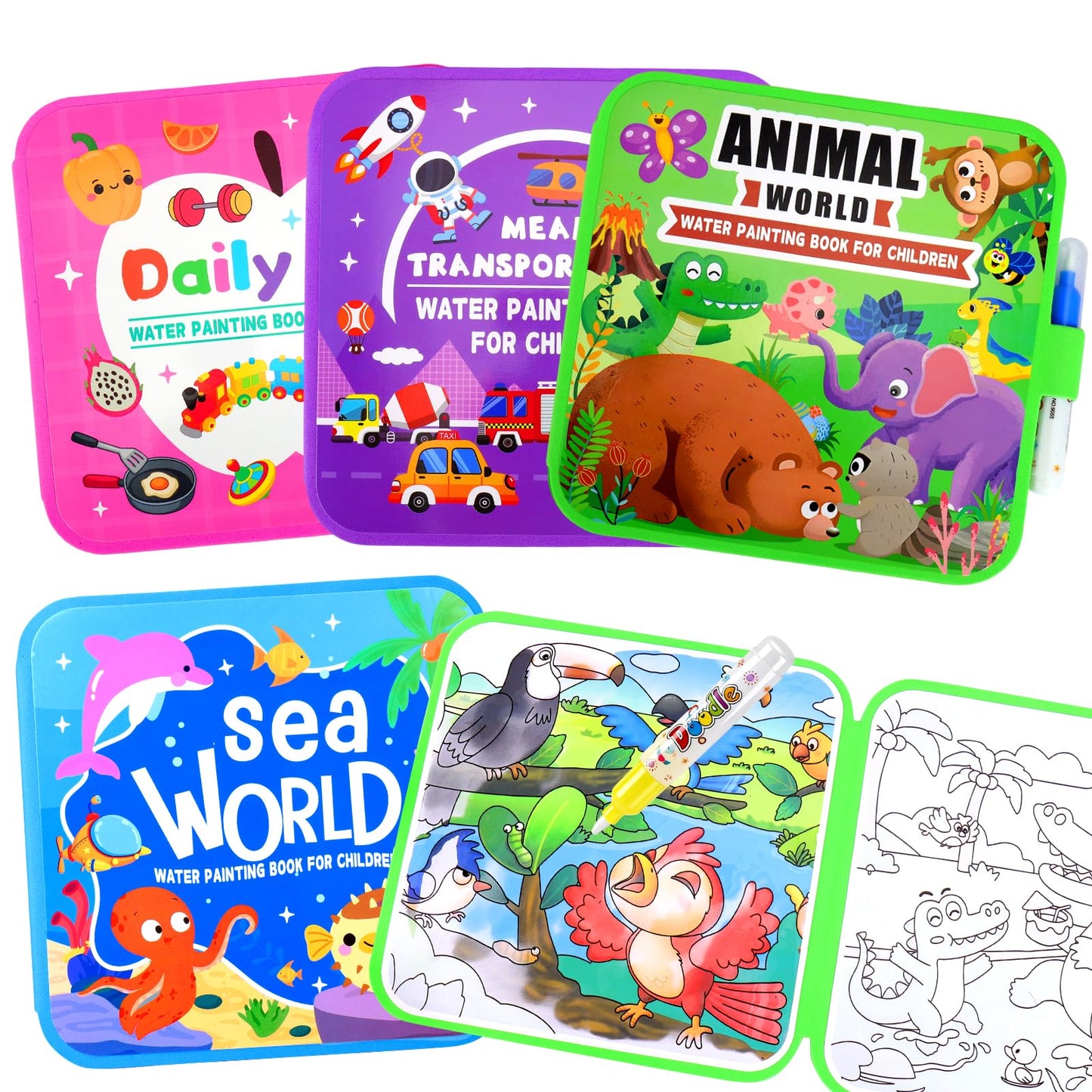 Reusable Water Painting Book for Kids, 4Pack Magic Watercolor Books with 4Water Pens