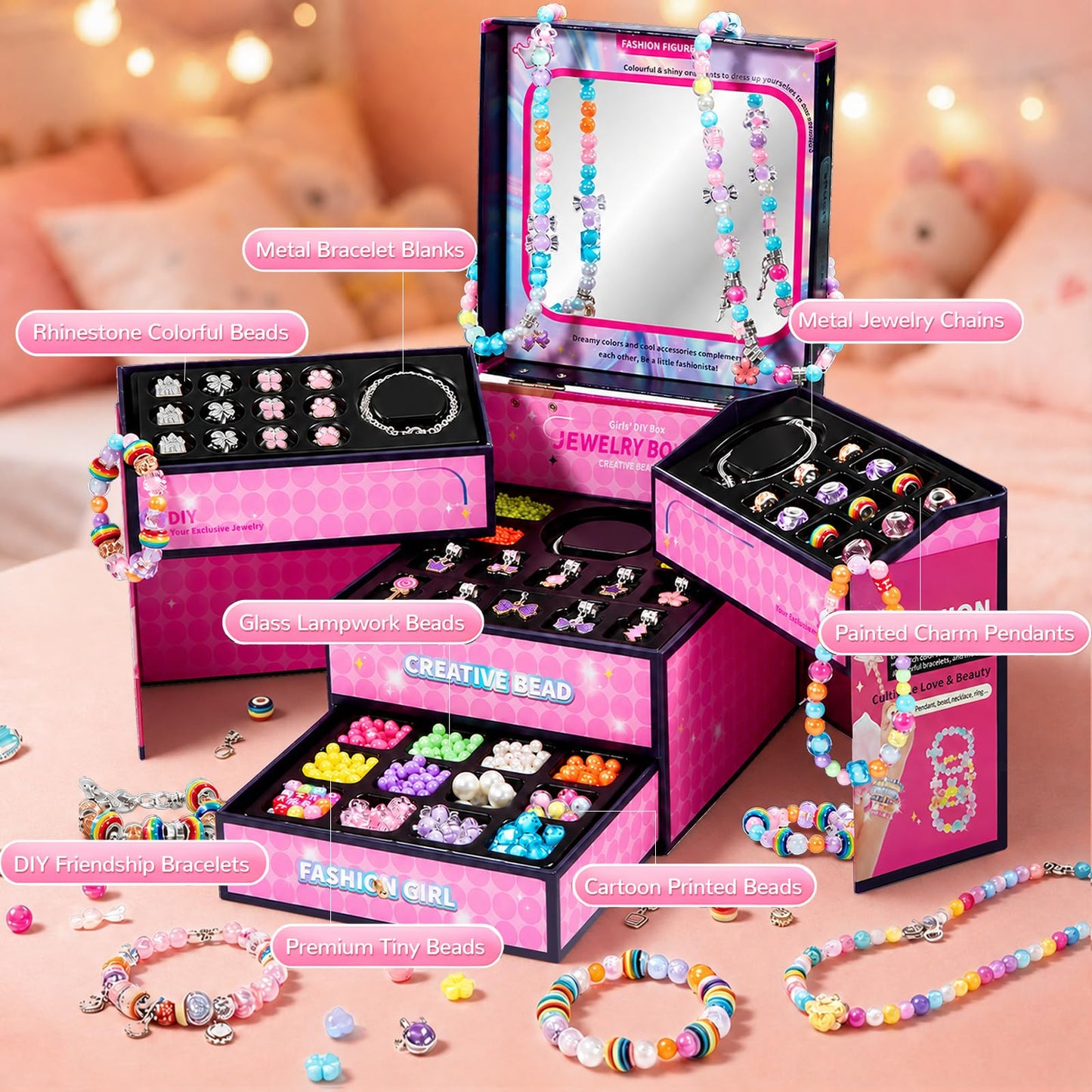 JeeMoien Charm Bracelet Making Kit for Girls 5 6 7 8-12, Friendship Bracelet Kit DIY Craft Jewelry Making Kit Birthday Gift Toy for 6 7 8 9 10 11 Year Old with Portable Jewelry Box, Pink
