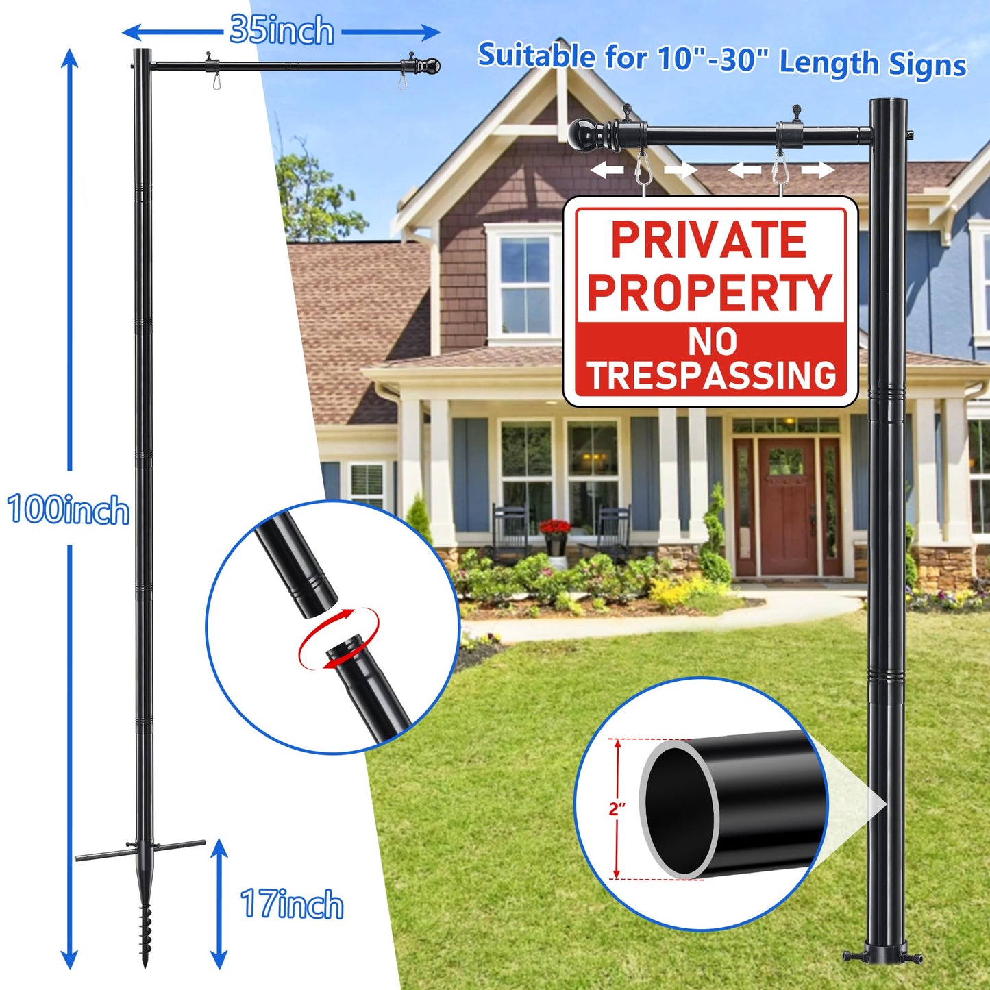 Real Estate Sign Post, 100 inch Realtor Yard Sign Post for Sale Signs, Rent Signs, Open House Signs for Real Estate, 35" Arm Holds up to 25" Sign, Black (No Sign Included)