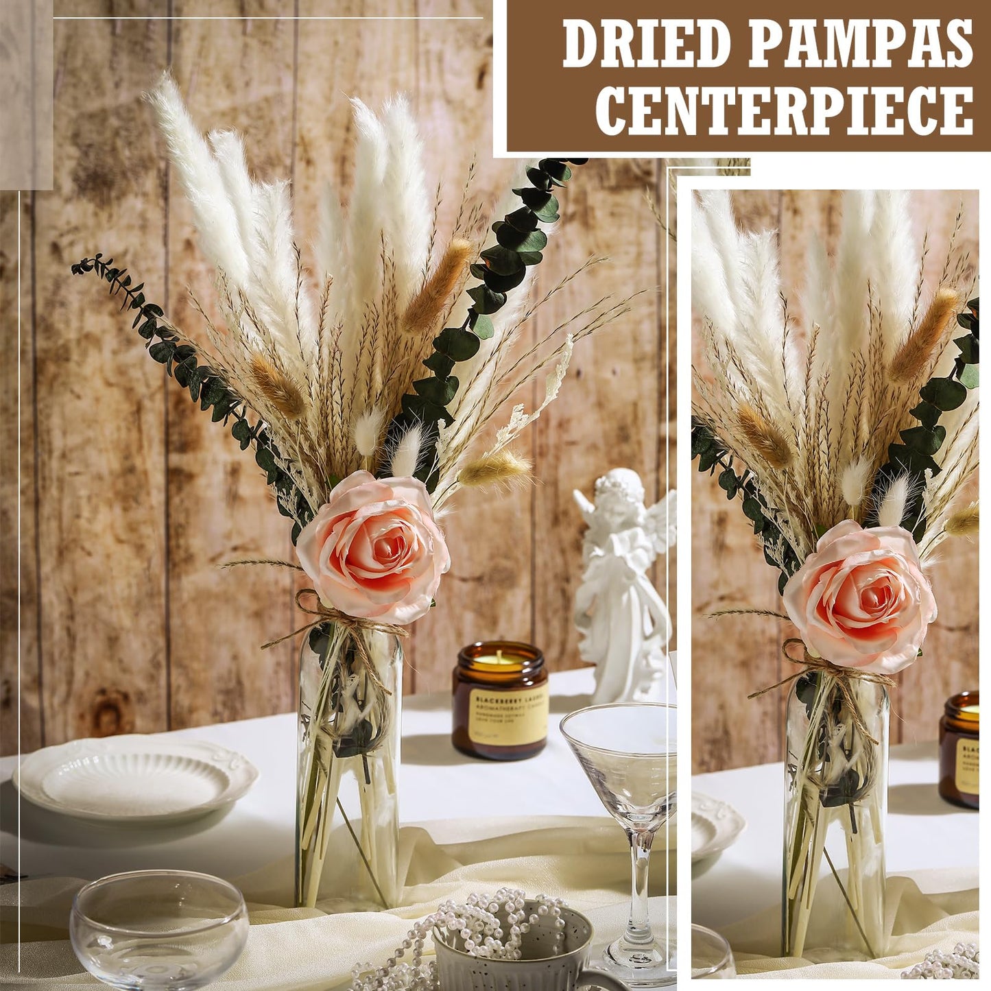 Qinyoung 10 Set Dried Pampas Grass Centerpiece for Wedding Baby Shower Party 10 Glass Flower Jars 10 Artificial Roses 80 Dried Pampas Grass with Rope for Rustic Bridal Farmhouse Decoration(Pink)