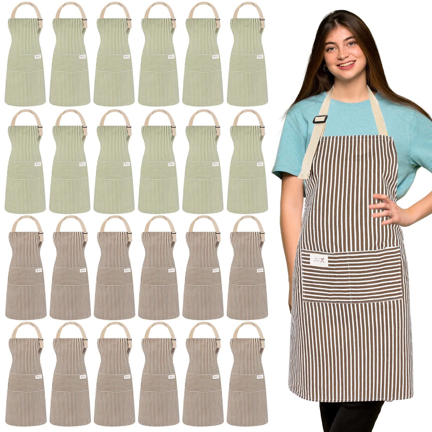 Janmercy 24 Pcs Aprons for Women Men with 2 Pockets Linen Cooking Kitchen Apron Adjustable Bib Chef Apron Bulk Aprons Unisex(Brown/green,Thin Stripes)