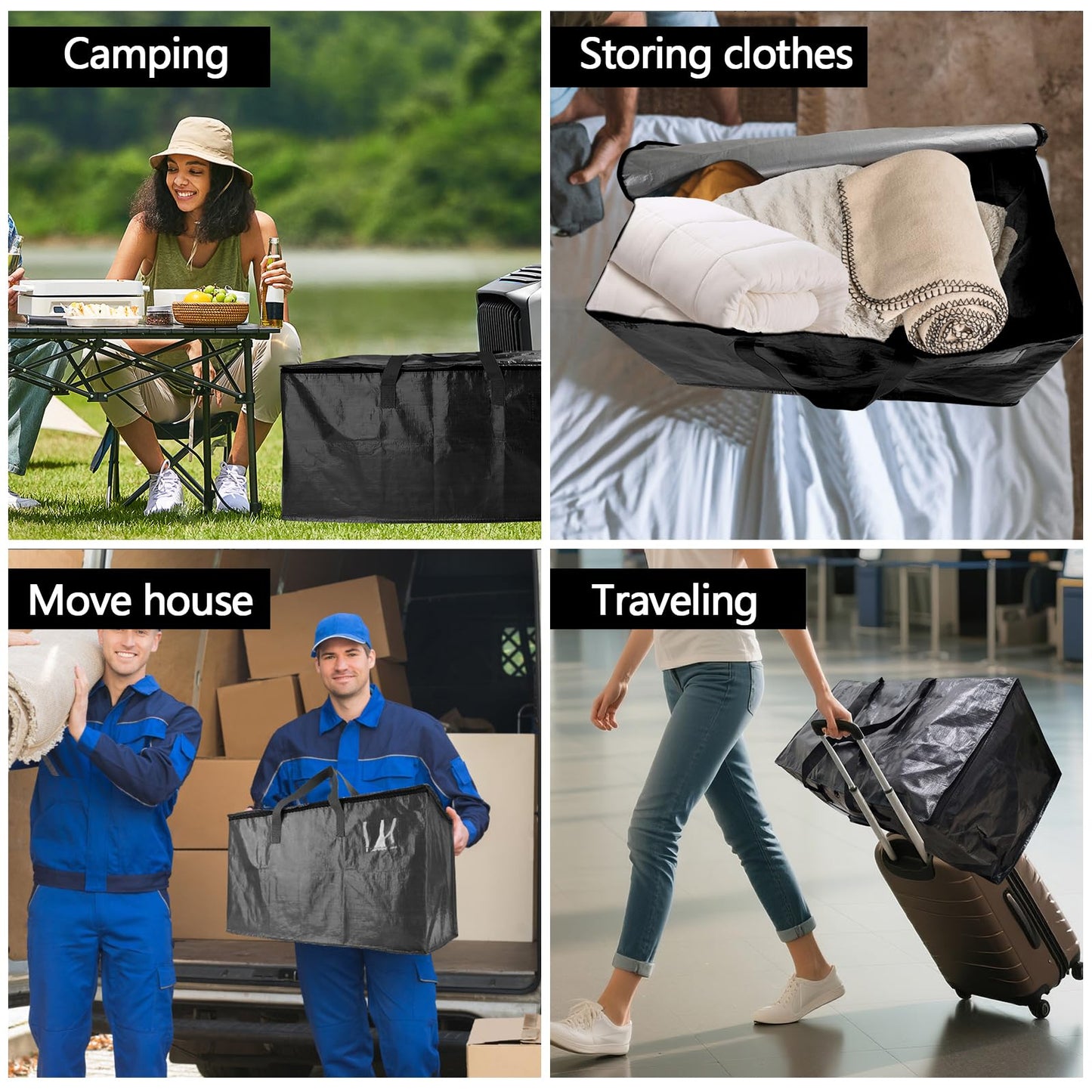 12 Pack Waterproof Moving Bags with Strong Zippers and Reinforced Handles, Real 100lb Capacity Extra Heavy Duty Large Storage Totes for Packing & Moving Storing, Alternative to Moving Boxes -95L,Black