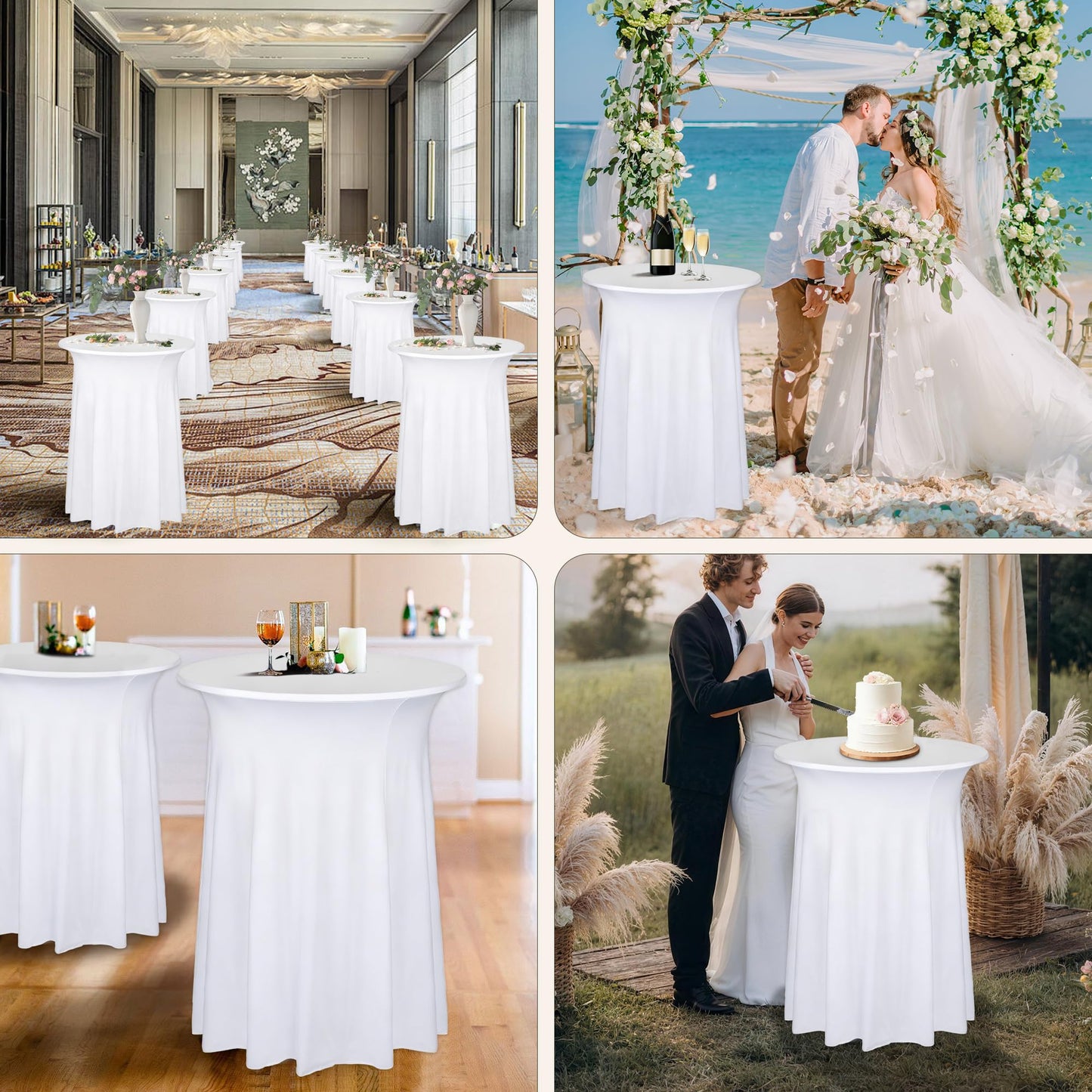 COSINIA 4 Pack White Cocktail Table Covers 32"x43", Heavy-Duty Spandex Round High Top Table Cloths with Wavy Skirt, Reusable Fitted Bar Height Table Covers for Wedding & Party