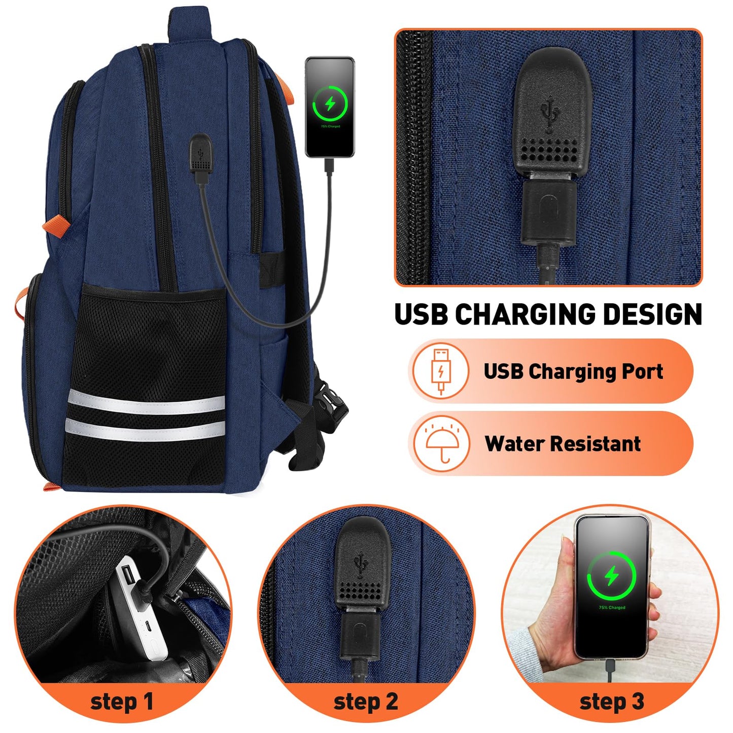 Ytonet Gym Backpack for Men Women, Travel Backpack with USB Charging Port, Lightweight Water Resistant Workout Gym Bag Fit 17.3 Inch Laptop, Sports, Camping, Hiking, Dark Blue