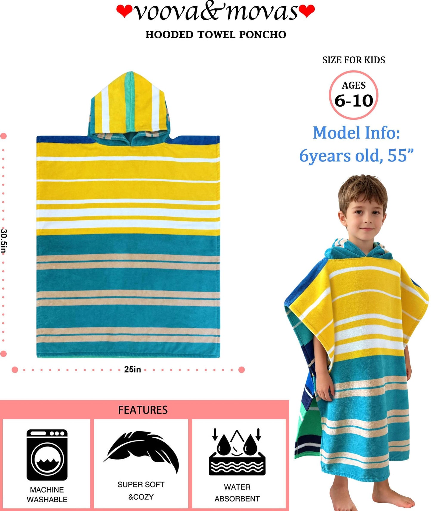 VOOVA & MOVAS Hooded Poncho Towels for Big Kids, Oversized (6-10Years,25"X61") Made from 100% Soft Cotton,Absorbent Bathrobe for Boys,Perfect for Pool| Swimming | Bathing | Beach, Blue Stripe