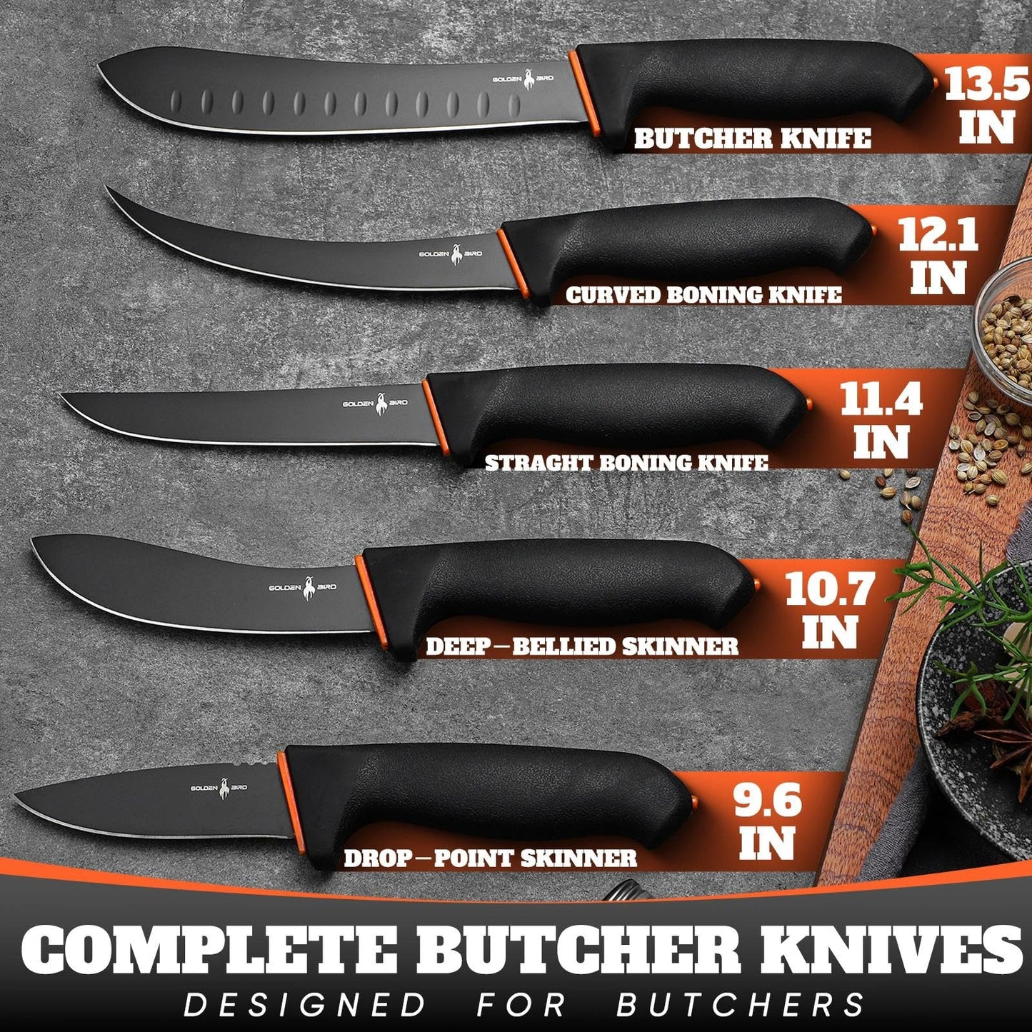Golden Bird Butcher Knife Set - Non-slip Skinning Knife Set with Roll Bag, Professional Game Processing Knives Sets - Butcher & Skinning Boning Knives with German Stainless Steel, Gift for Men
