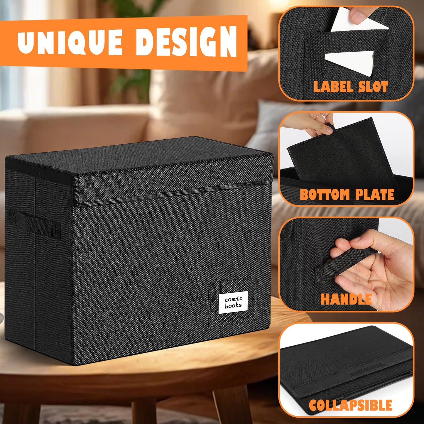 Leffis 4 Pack Comic Book Storage, Collapsible and Stackable Comic Short Box, Moistureproof Comic Box with Lid and Label Slot 15.5" X 7.5" X 11.3" Holds 150 Comics