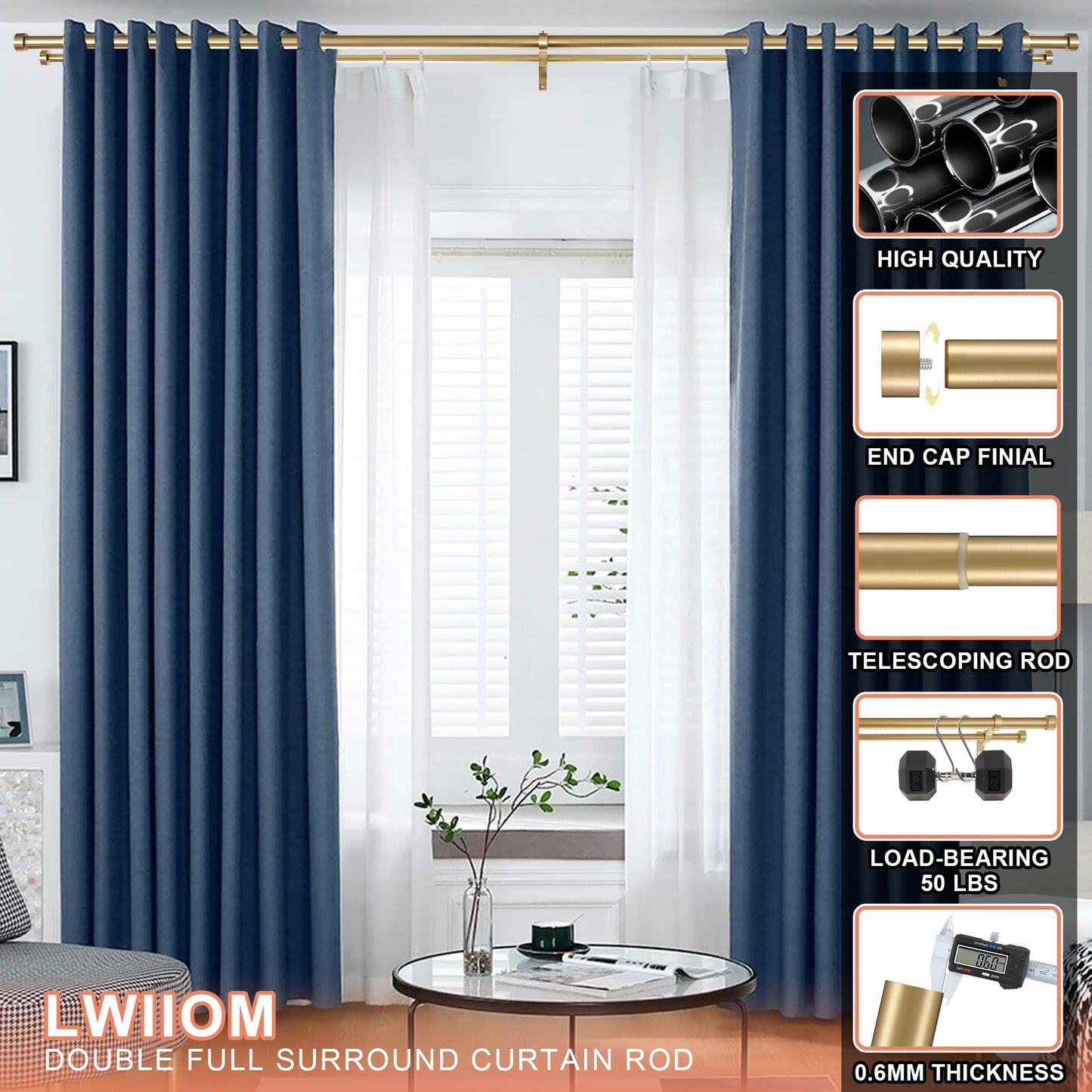 Lwiiom Double Curtain Rods with Aluminum End Cap and Full Surround Brackets,1"Front and 5/8" Back Rod,Adjustable between 72 to 144 Inches (6-12 Feet), Warm Gold Double Window Drapery Rod