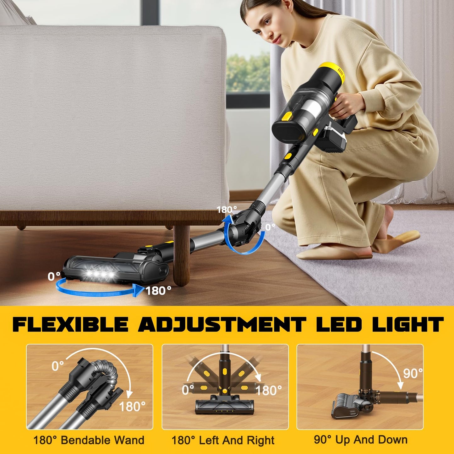350W Cordless Vacuum Cleaner for DeWALT 20V Battery(No Battery), 40KPA Self-Standing Stick Vacuum with Touch Screen, Double Dust Cup, 180° Bendable Wand Vacuum Cleaner for Home Hard Floor Pet Carpet