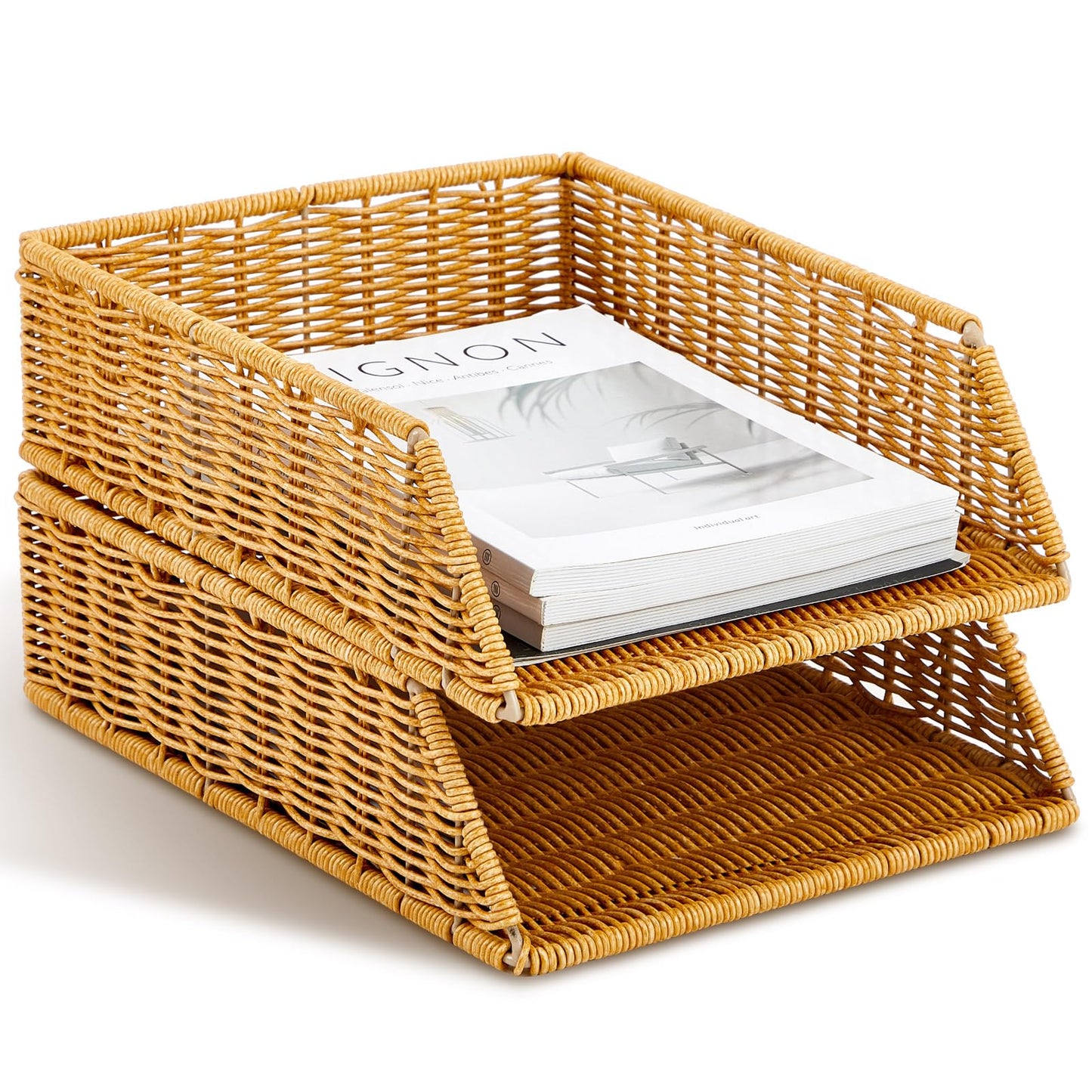 Yeaqee 2 Pcs Paper Tray Organizer for Desk Woven Letter File Organizer A4 File Tray Desk Paper Basket Letter Size Imitation Rattan Holder Organization Rack for Office Storage(Brown,Sleek Style)