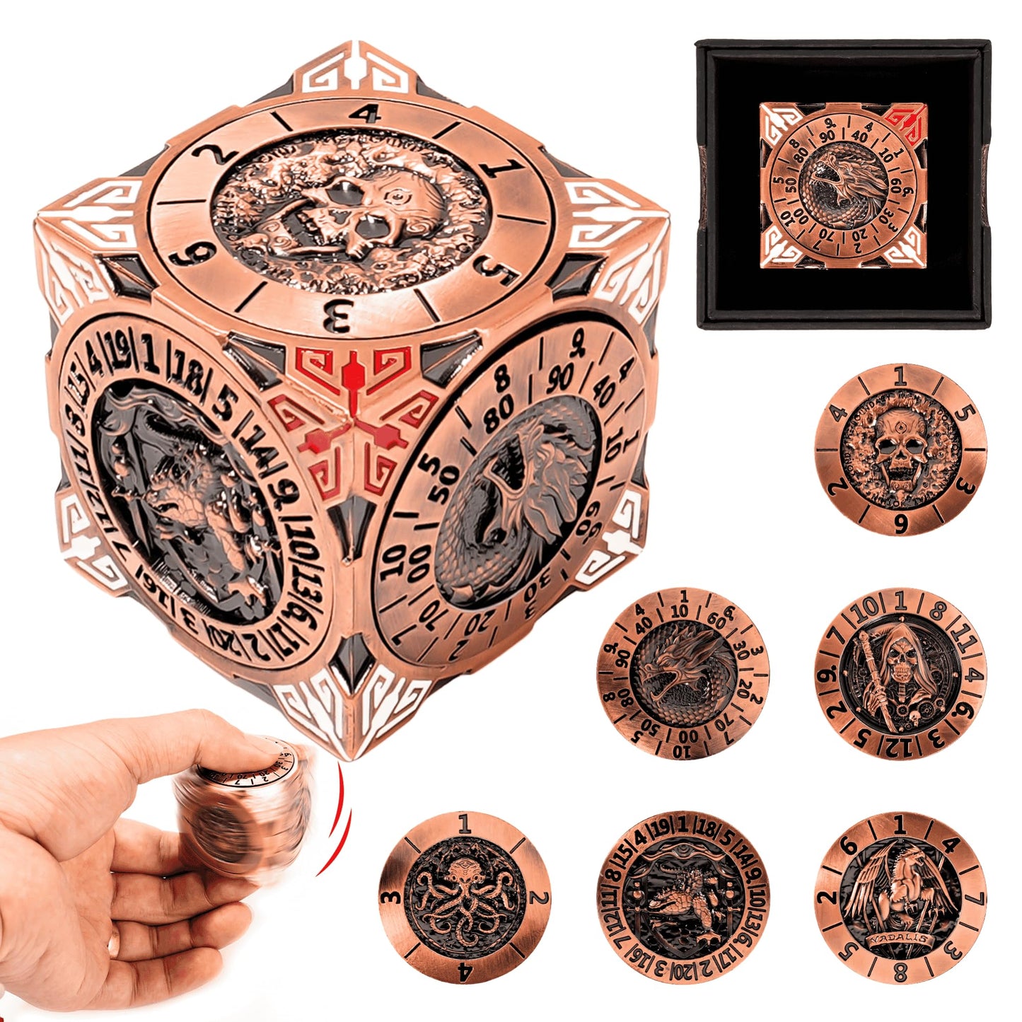 Froggod Roulette Dice Spinner 7-in-1 Metal DND Dice Set with 3D Relief – Mechanical DND Spinner for Dungeons and Dragons Gifts, DM & Players(Ancient Gold)