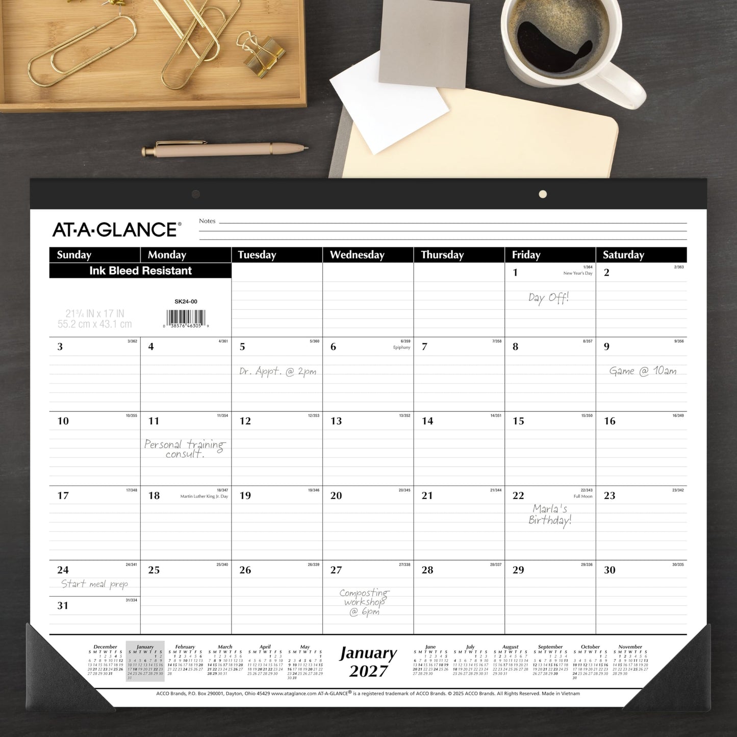 AT-A-GLANCE 2027 Desk Pad Calendar, Monthly Desk Wall Planner, 21.75" x 17", Ruled Blocks, 3 Pack (AZSK240027)