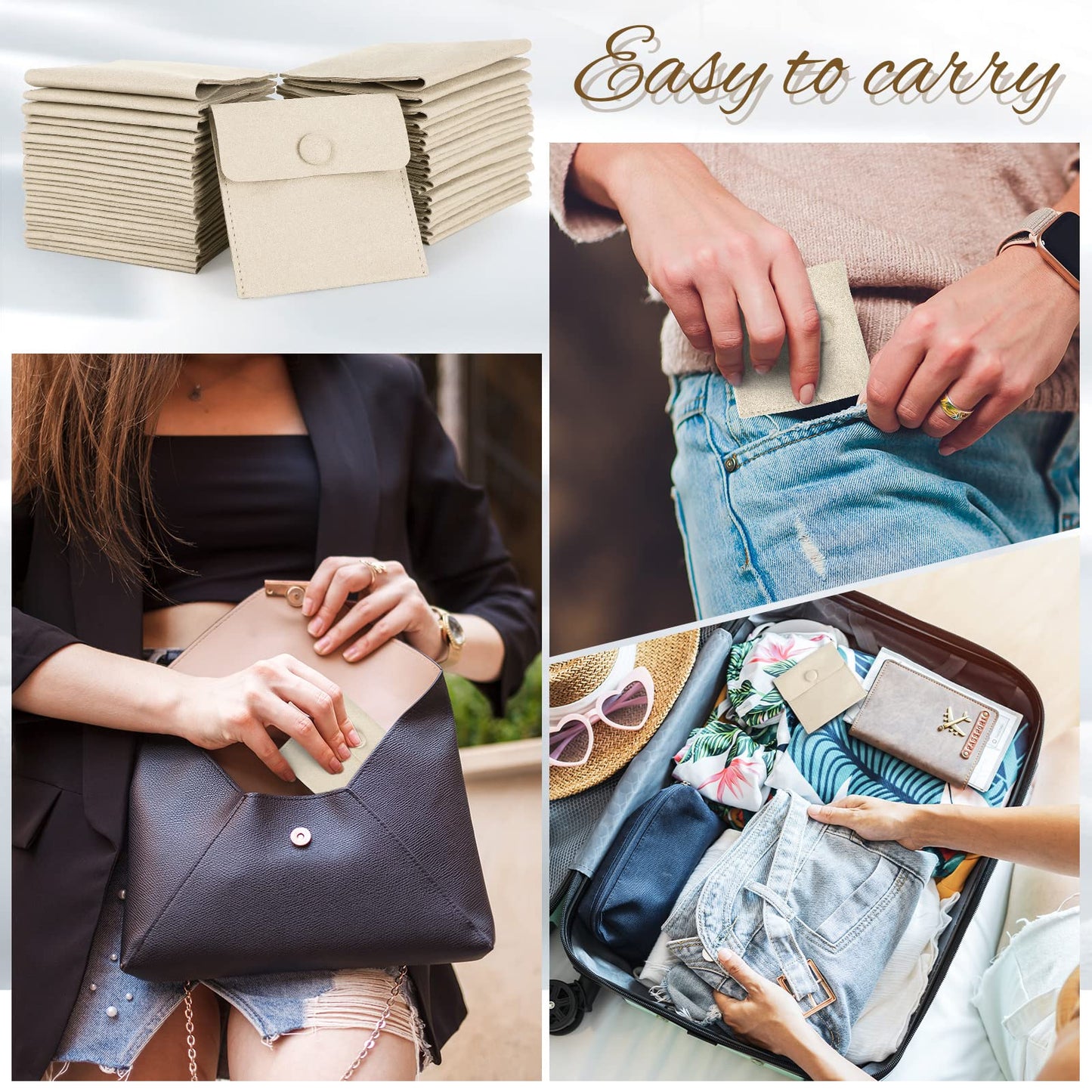Cunno 120 Pack Microfiber Jewelry Pouch with Cleaning Cloth 3.2"x3.2" Jewelry Packaging Bag with Snap Button Bags(Beige)