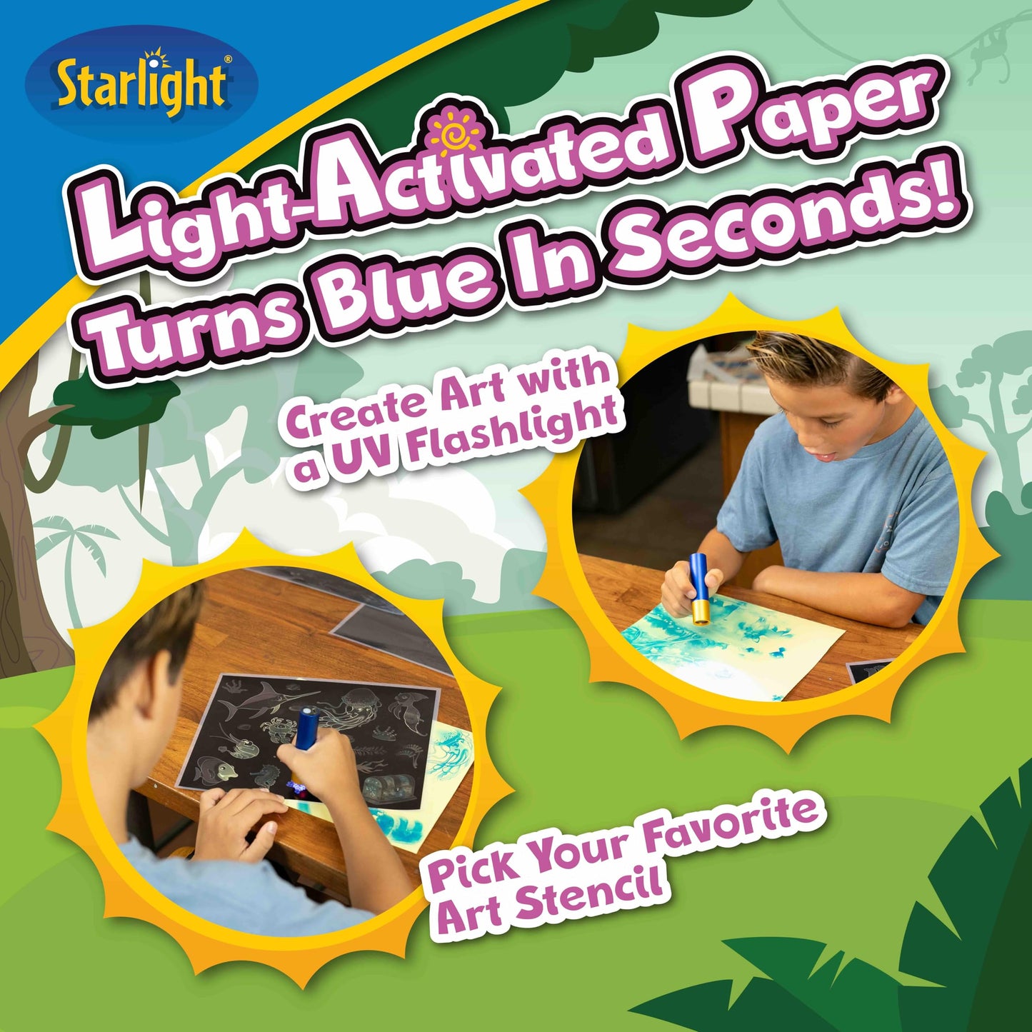 Starlight Light-Activated Paper Art Kit – Animal Kingdom Theme, Mess-Free Craft for Kids Ages 6, 7, 8, 9, 10, DIY Creative Gift with UV Flashlight for Boys & Girls