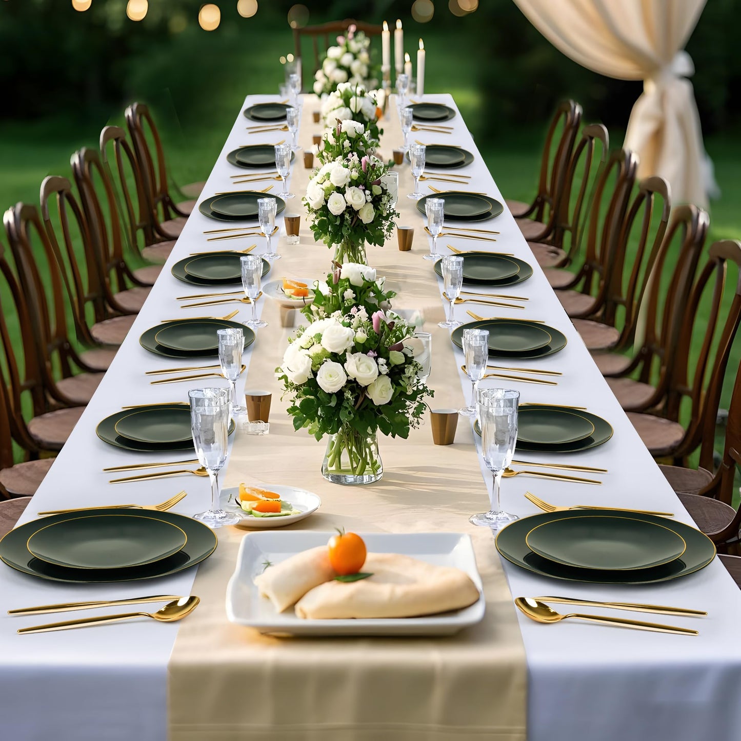 I00000 150Pcs Green Plastic Plates with Gold Rim, Fancy Disposable Plates,Green Plates Set include 30 Dinner Plate,30 Dessert Plate, 90 Plastic Silverware Set for Wedding&Party