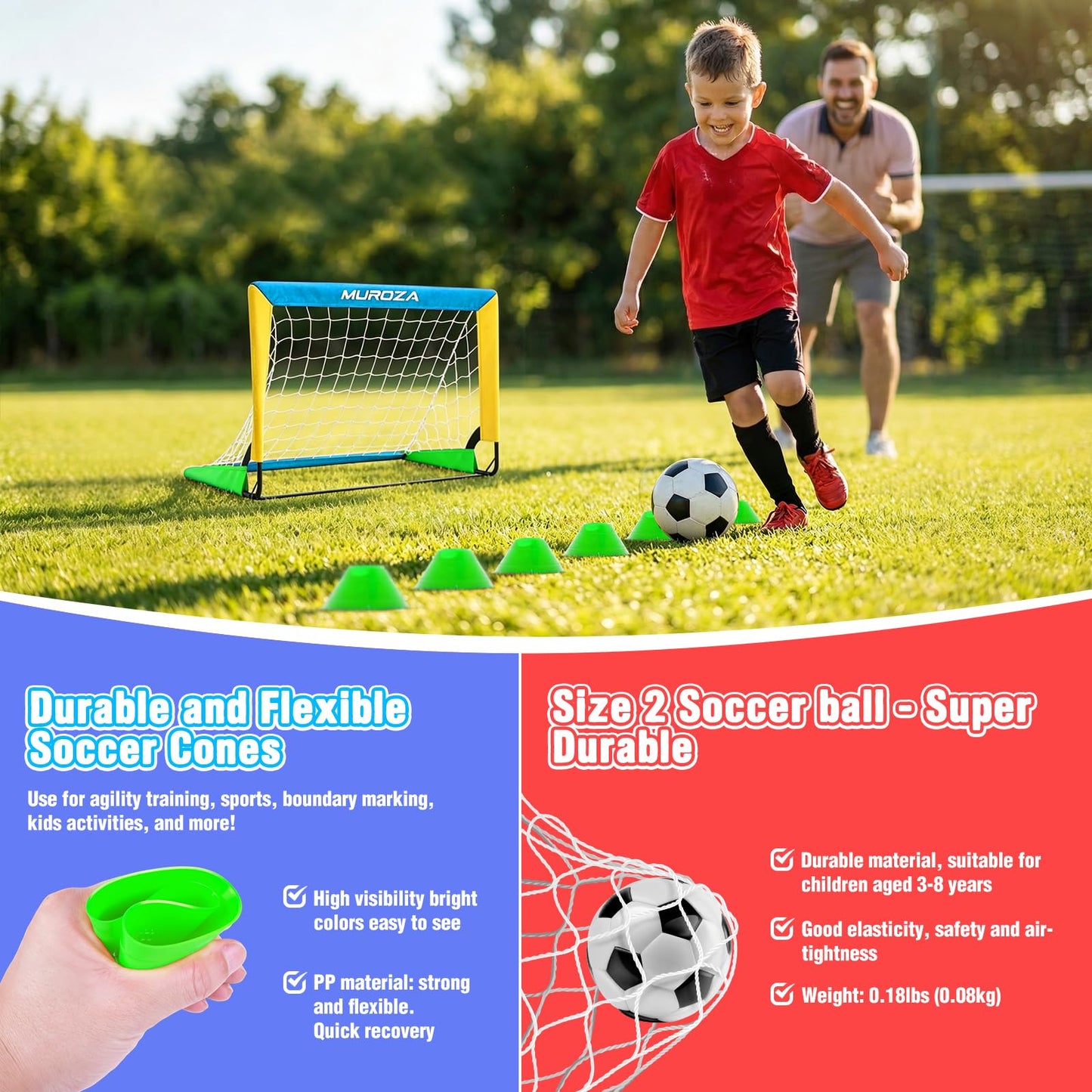Kids Soccer Goal, Soccer Goals for Backyard Set, 2 Pack of 2x1.5ft Portable Pop Up Soccer Net Set with Ball, Cones, Complete Training Equipment for Youth Ages 3-8