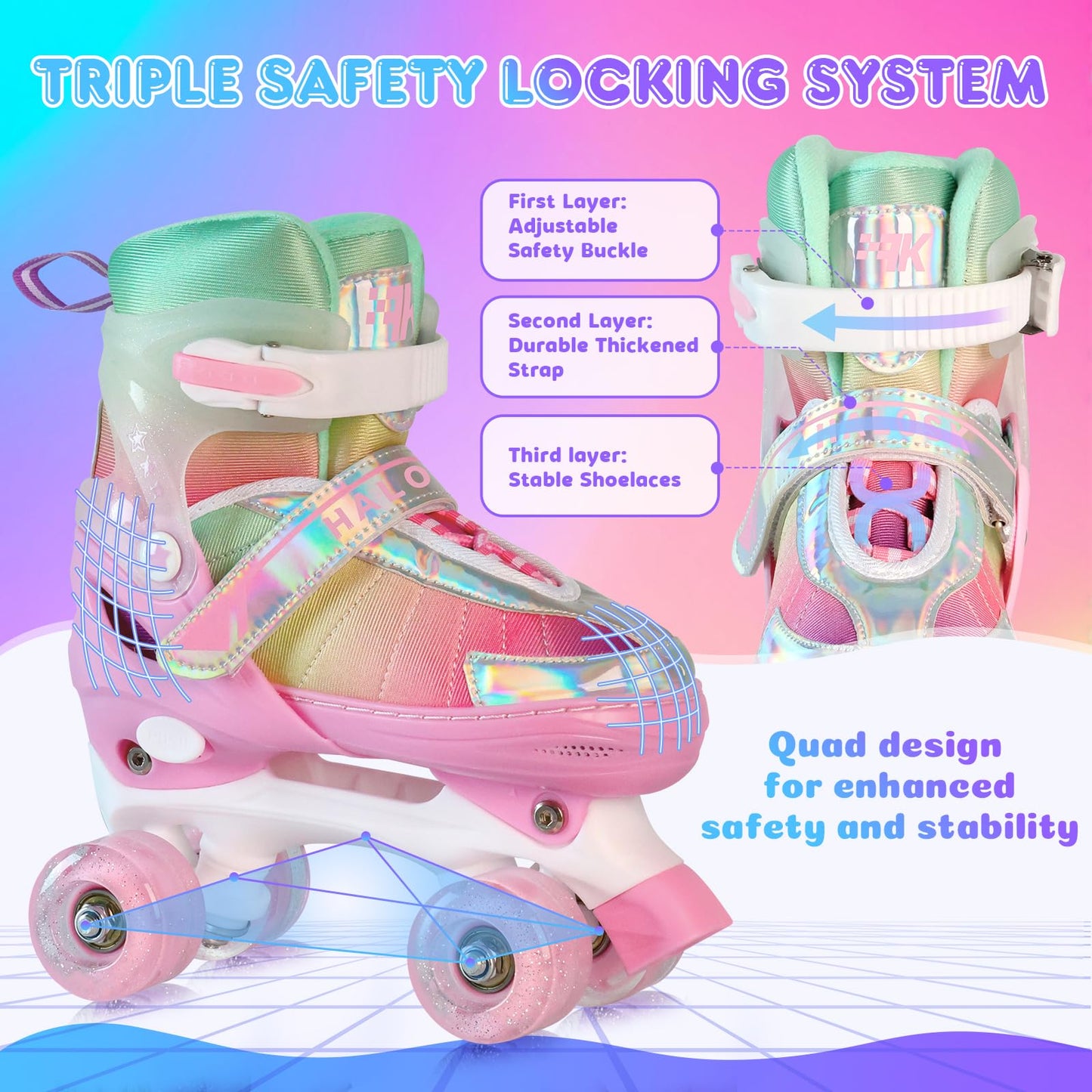HALOSK Girls Roller Skates for Kids Beginners Ages 6-12, Pink Rainbow Adjustable Quad Rollerskates for Youth with All Light up Wheels Skating Shoes for Outdoor Sports
