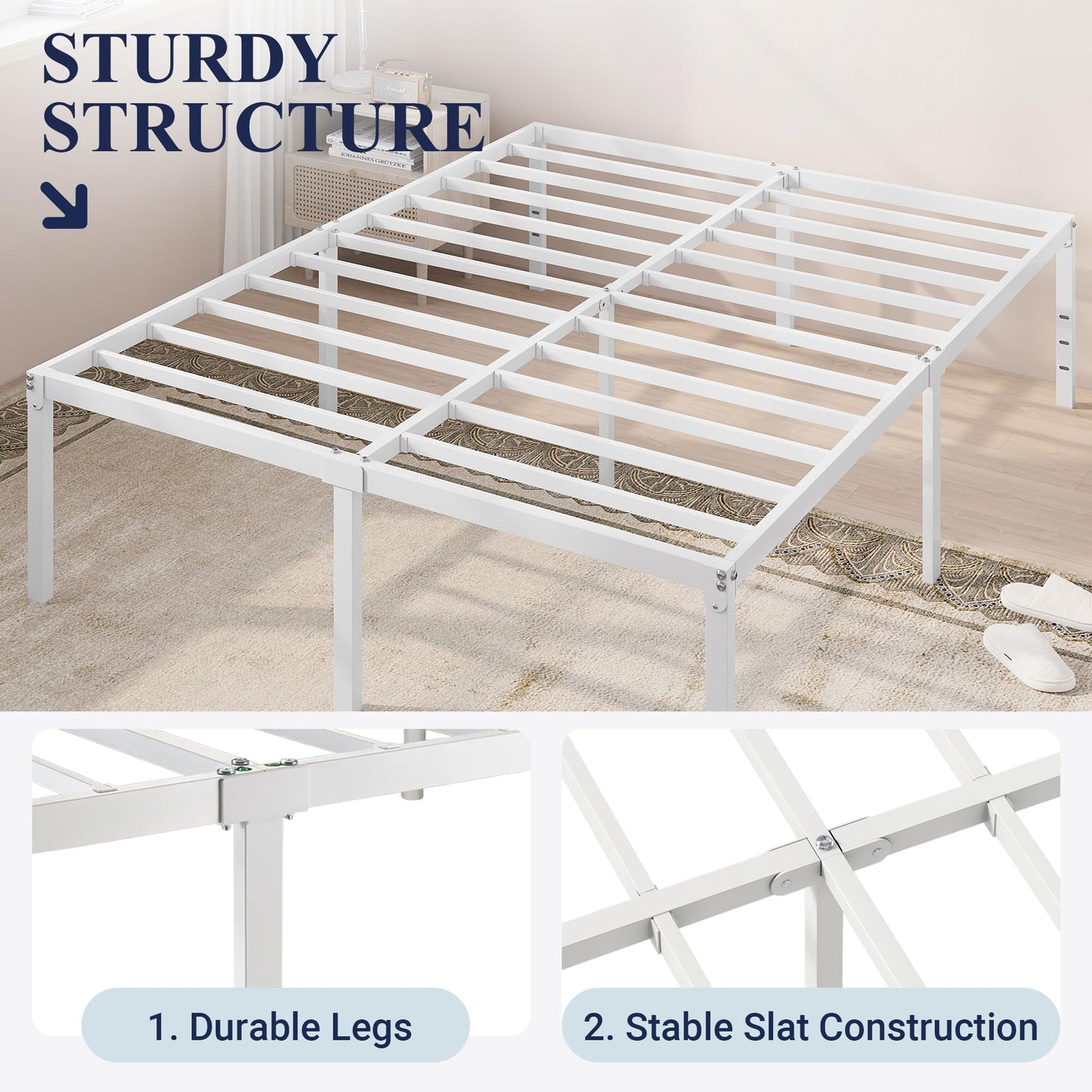 Allewie Queen Bed Frame, 18 Inch Metal Platform Beds with Storage Space, No Box Spring Needed and Easy Assembly, White