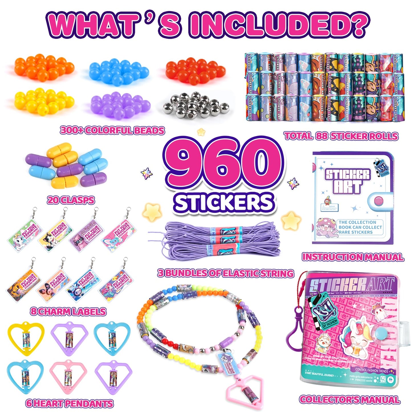 DIY Sticky Roll Stickers Bracelets, Wearable & Shareable Stickers, Beads & Charms & Pendants, Sticker Jewelry Making Kits for Age 6+ Years Old Girls (960PCS DIY Sticker Bracelet Kit for Kids)