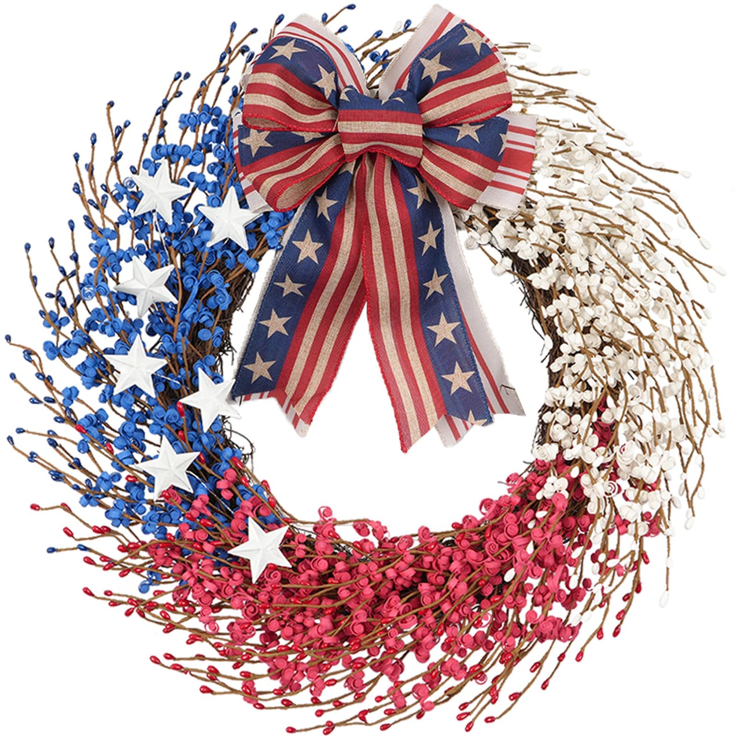 Idyllic 22 Inch Large Patriotic Wreath with Red White Blue PE Ribbons & White Stars - 4th of July Memorial Day Front Door Decor, Outdoor Holiday Wreath