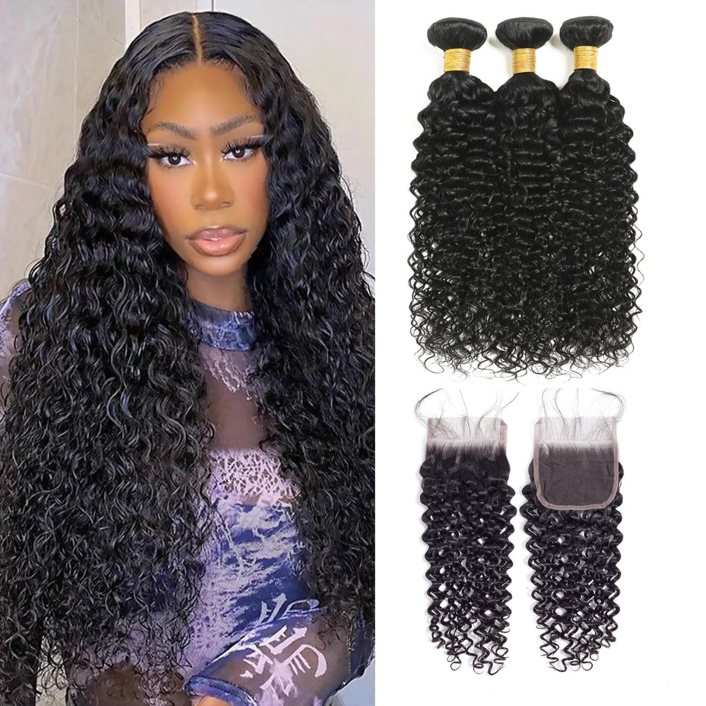 Water Wave Bundles with Closure Human Hair Wet and Wavy 18 20 22 inch 100% Unprocessed Virgin Human Hair Bundles with 16 inch Closure 5x5 Lace Free Part