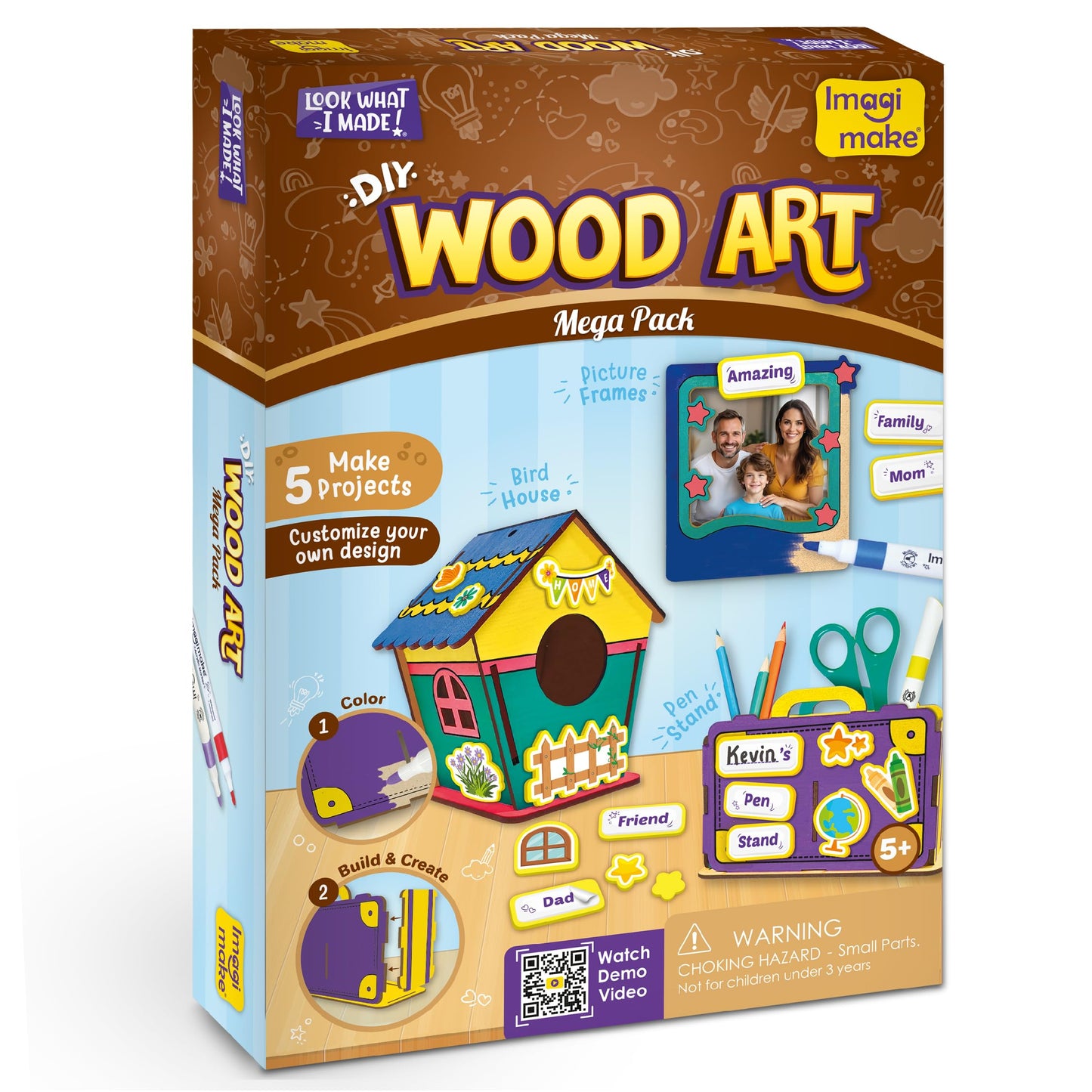 Imagimake DIY Wood Art Mega Pack | Build Wooden Bird House, 3 Photo Frames & Pen Stand | Wooden Painting Crafts for Kids | 100+ Foam Stickers for Wood Crafts |Boys & Girls Birthday Gifts Age 5,6,7,8,9