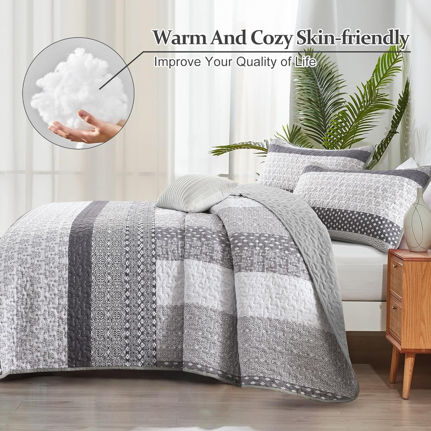 WONGS BEDDING Grey Quilt King Size, Bohemian Stripe Quilt Sets 3 Pieces Boho Quilted Bedspread Set Lightweight Microfiber Coverlet Bedding Set All Season (104"x90")
