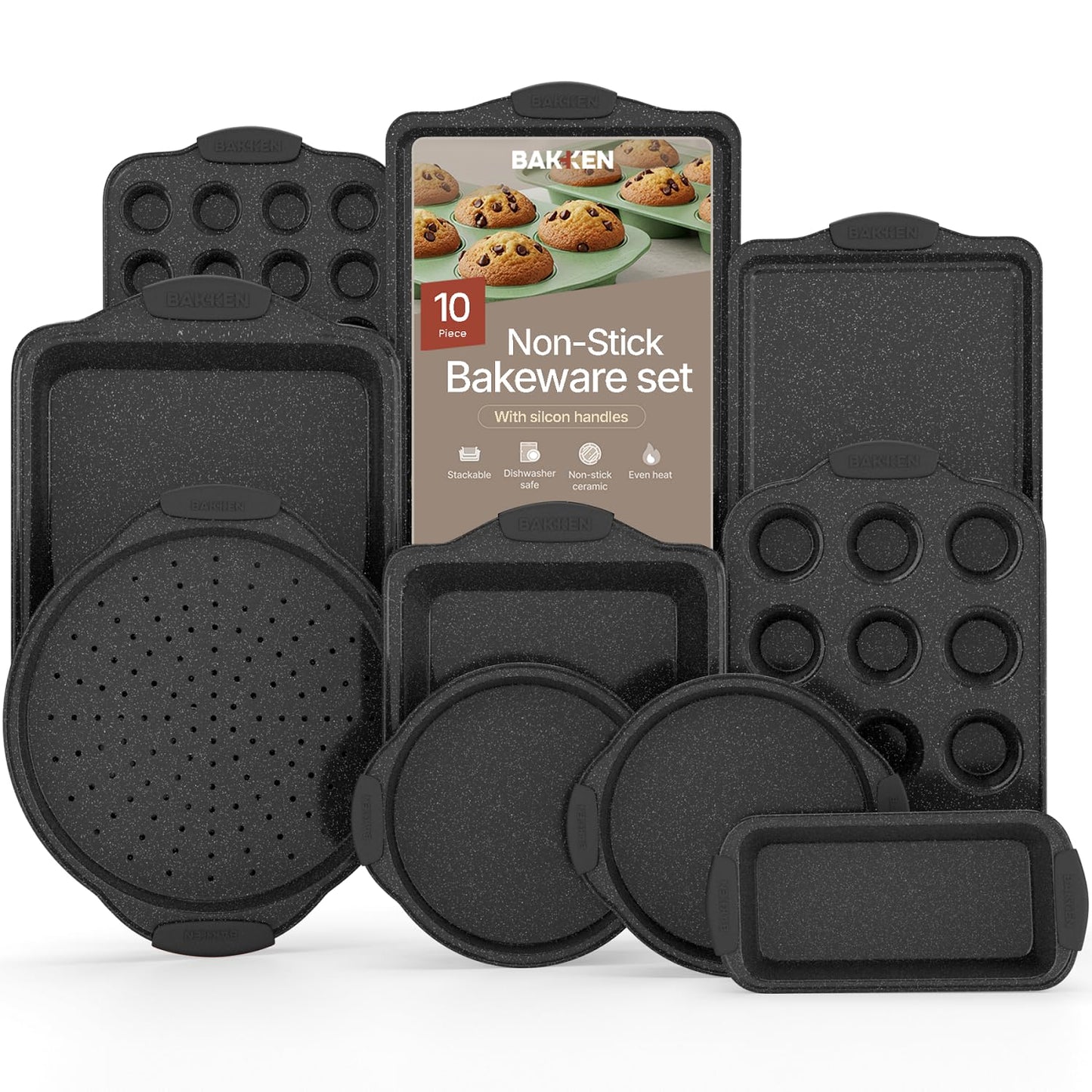 BAKKEN Kitchen Baking Pan Set - Nonstick Coating, Carbon Steel Bakeware Sets with Gray Silicone Handles, Baking Kitchen Essentials, PFOA, PFOS, PTFE Free, Oven Safe Tray (Up To 450° F), Set of 10