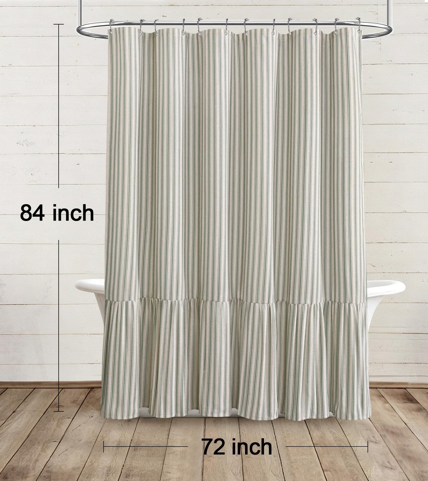 XOGUIBO Farmhouse Shower Curtain with Ruffle Hem Linen Shower Curtains for Bathroom Country Vintage Rustic Natural Fabric, Cream-Green Stripe 72" W x 84" L
