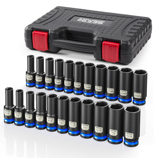 1/2" Drive Deep Impact Socket Set, SAE & Metric Sockets (5/16"-15/16" & 10-24mm), Professional CR-MO Steel, 6-Point for Impact Wrench, Automotive & Truck Repair Tool Kit