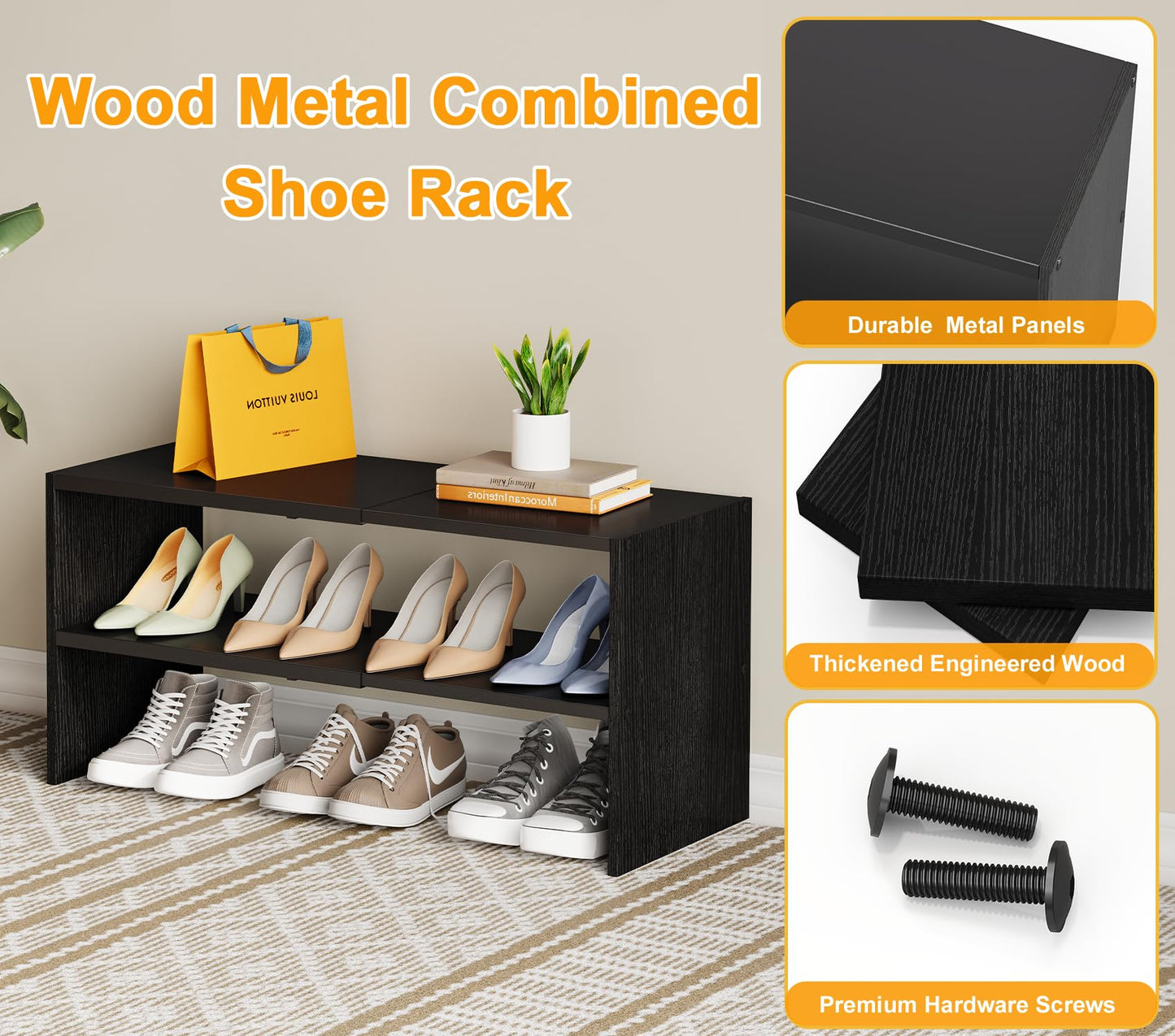 Black Shoe Rack Organizer for Closet, 2-Tier Expandable Shoe Shelf, Stackable Iron Wood Combination Small Shoe Racks Shelves for Closets, Entryway,Small Space,Hallway,Garage,6-12 Pairs