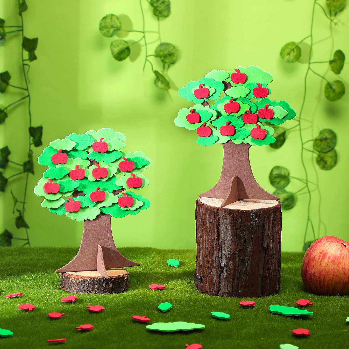 Nuanchu 20 Set 3D Foam Tree Craft Apples Leaves Sticker Self Adhesive Foam Tree Glitter Apple Sticker Summer Trees for Craft Project Family Art Activity