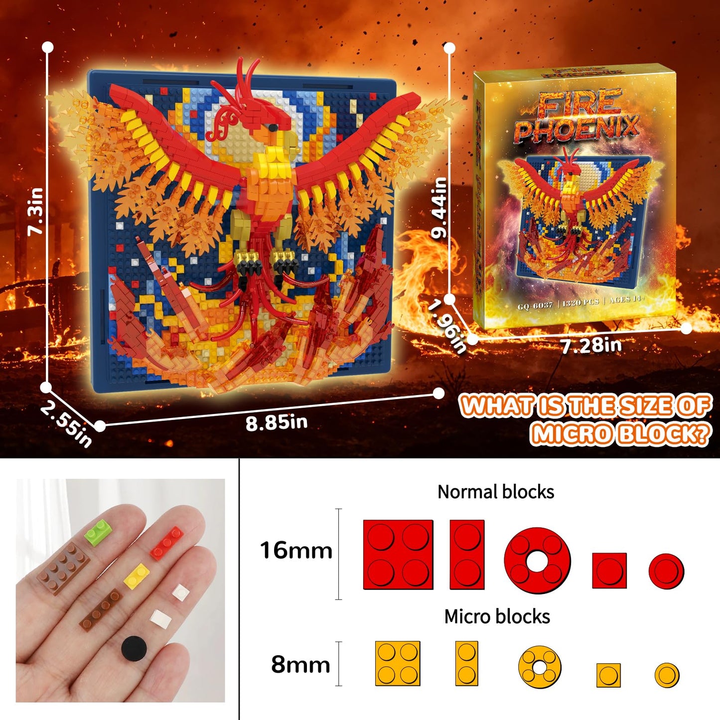 BseSparklion Magic Fire Phoenix Animal 3D Wall Art Micro Mini Building Blocks Set, Unique Home Wall Decor or Table Display, Ideal Gift Toy for Adults & Teens 14+ (1200 PCS)