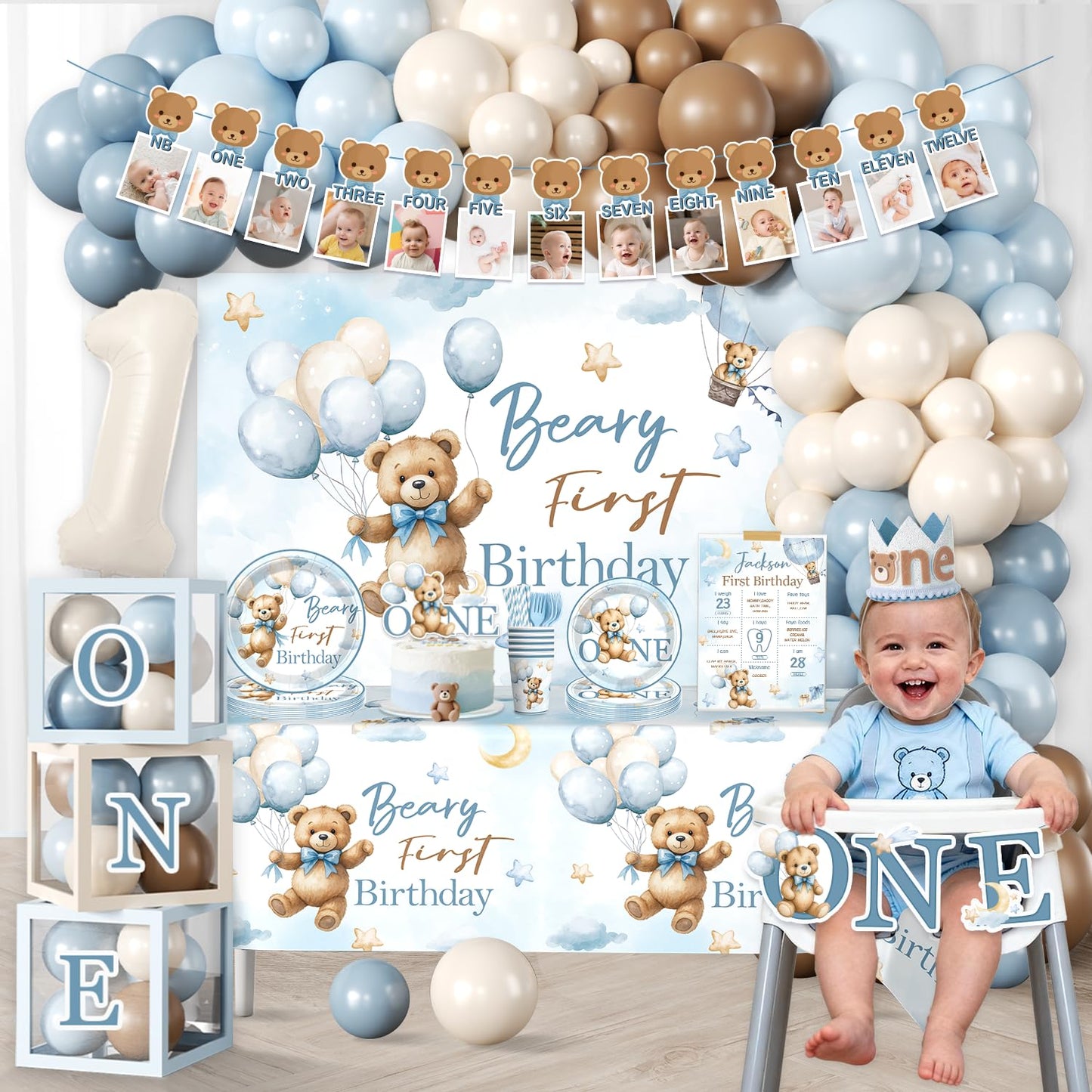 232 Pcs Beary First Birthday Decorations, Teddy Bear One Year Old Birthday Balloon Garland, Banners, Baby First Teddy Bear Backdrop, Plates and Napkin Set 2 Pcs Bear Tablecloth Blue Brown and White