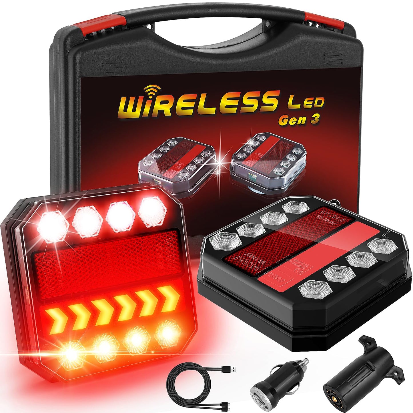 TLKTL Wireless Trailer Lights Magnetic, Rechargeable Tow Light LED Kit with Retro-reflectors, Wireless Tail Lights for Trailer, Trucks, Boat, RV, Vehicle, Caravan, IP65 Waterproof