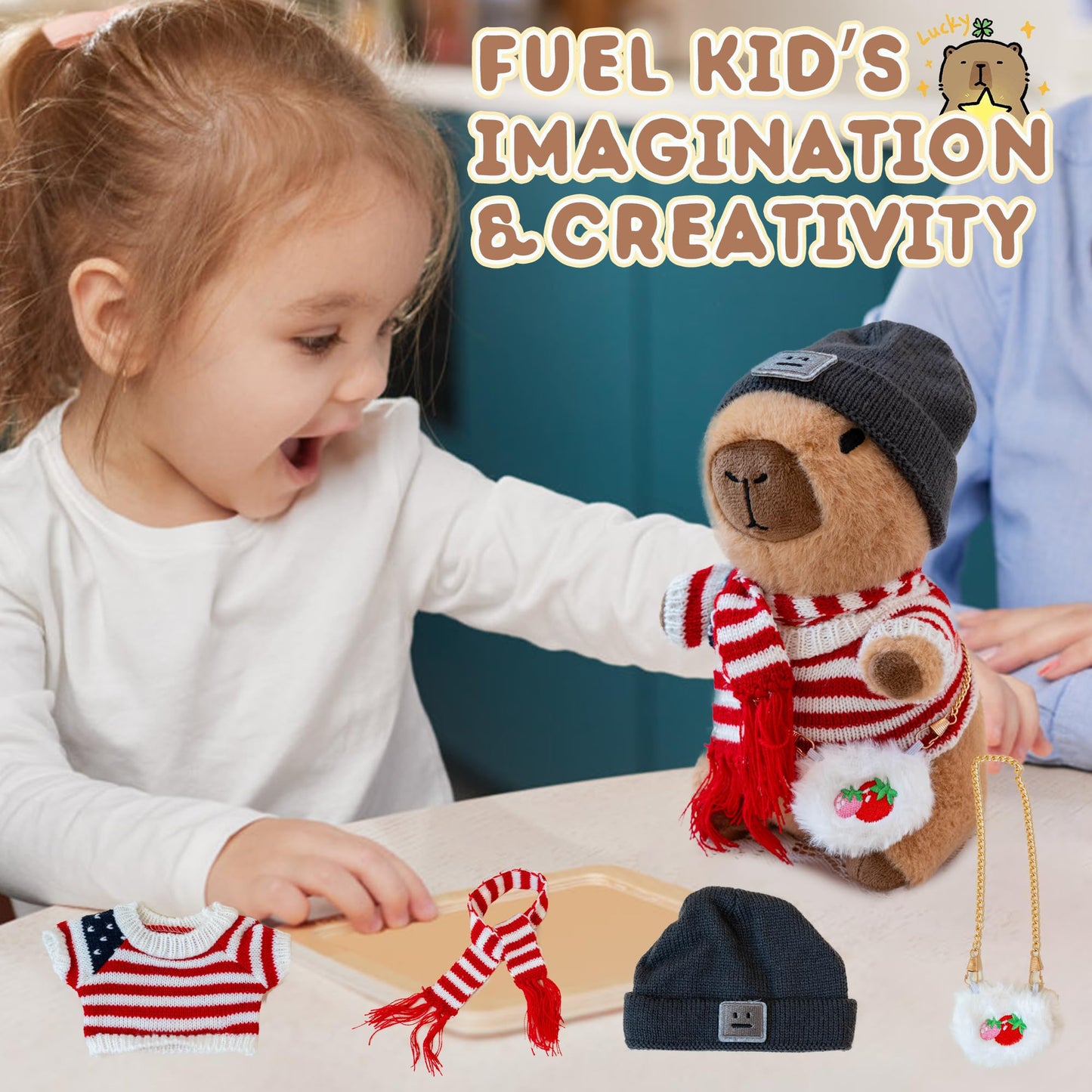 WAKSUN Capybara Plush for Boys Girls Birthday Dress Up Cute Plushies,10 Pcs Set,9 Clothes and Accessories Kawaii Stuffed Animal Plushie Toy, Soft Peluche Doll for Kids 10.2 in