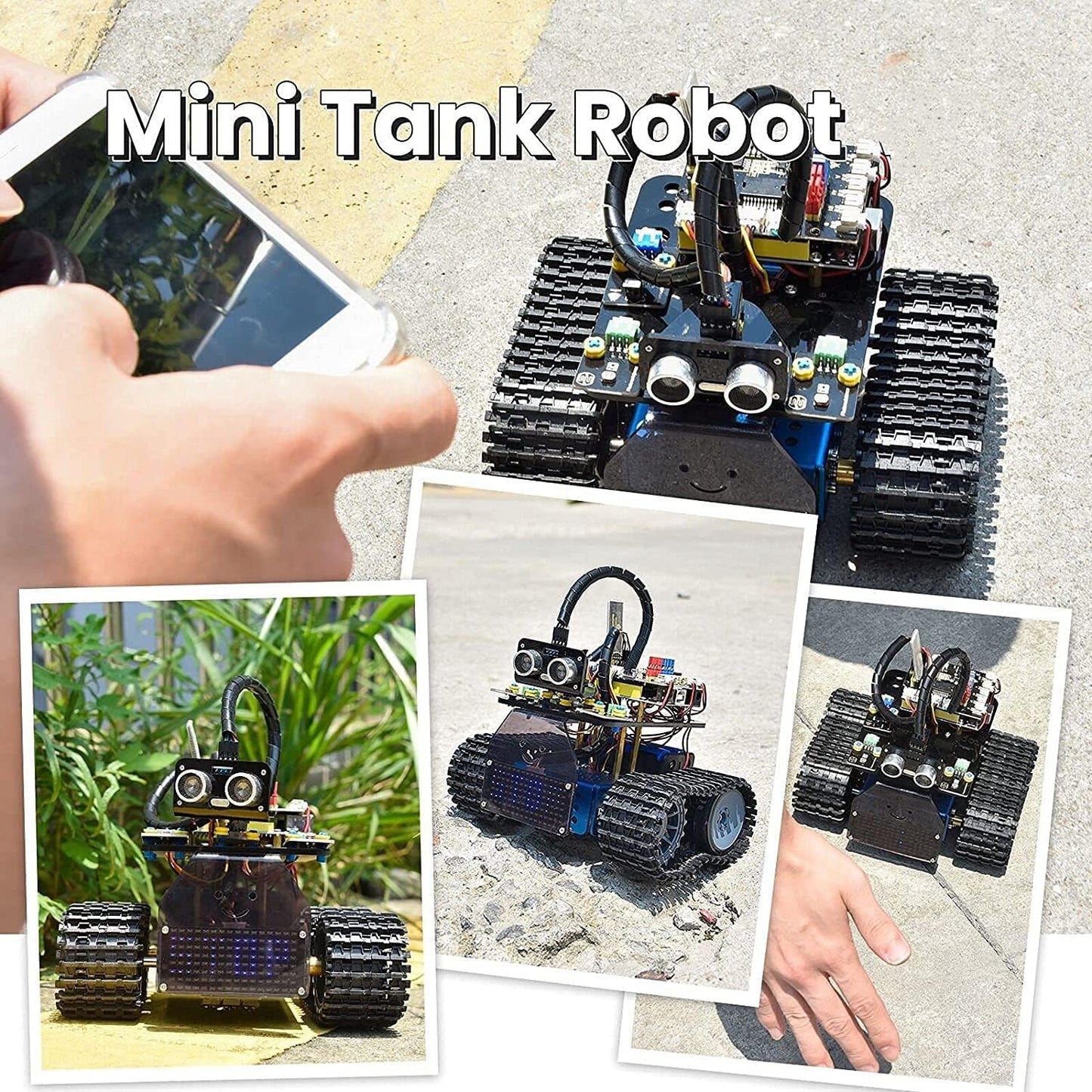 KEYESTUDIO Mini Tank Robot V2 Smart Car Kit for Arduino, IR Infrared and App Remote Control (iOS and Android), Light and Ultrasonic Follow, 8X16 LED Panel, Ultrasonic Obstacle Avoidance,15+