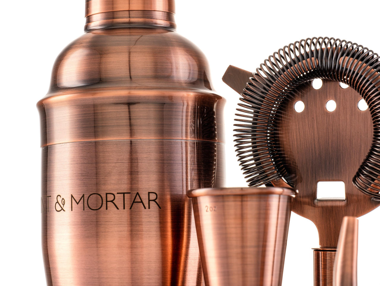 Mint & Mortar Cocktail Shaker Set, 7-Piece Bartender Kit with Stand, 24oz Martini Shaker Bottle Stainless Steel Bar Tools, Home Bar Accessories Drink Mixer, Barware Gift Set - Brushed Copper